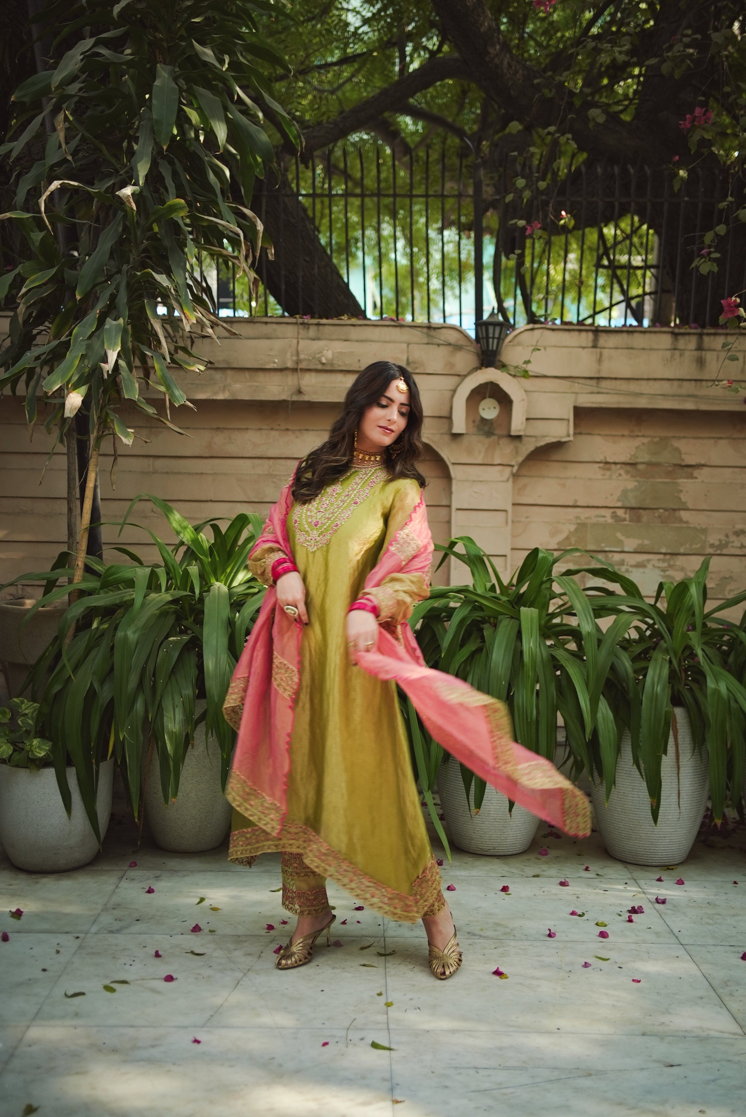 JOR BAAGH SOFT GREEN & HOT PINK SET OF 3( kurta, pant & dupatta) Naaz By Noor 
