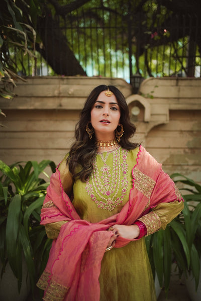 JOR BAAGH SOFT GREEN & HOT PINK SET OF 3( kurta, pant & dupatta) Naaz By Noor 