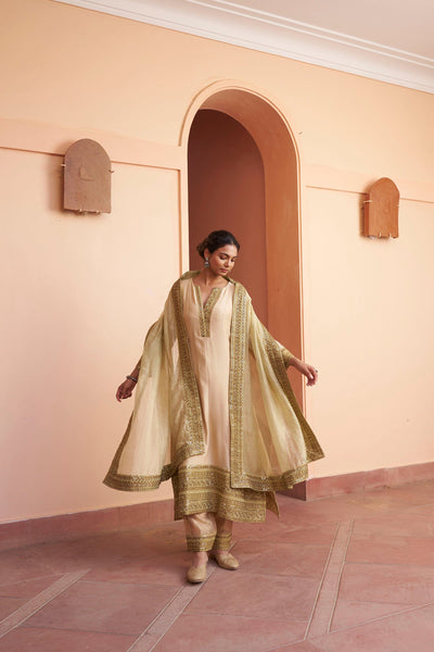 kikli beige-set of 3(kurta, pant & dupatta) Naaz By Noor 