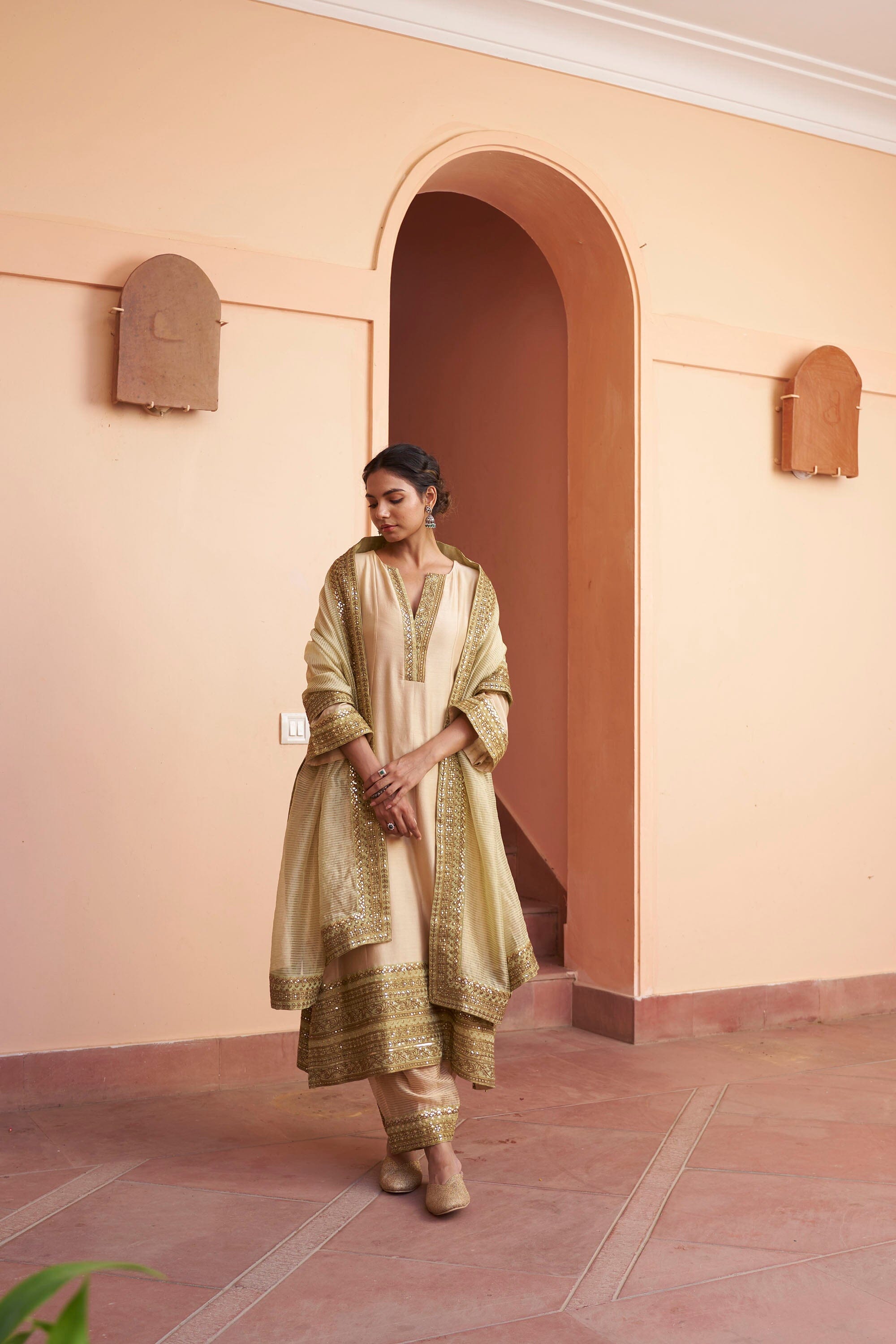 kikli beige-set of 3(kurta, pant & dupatta) Naaz By Noor 