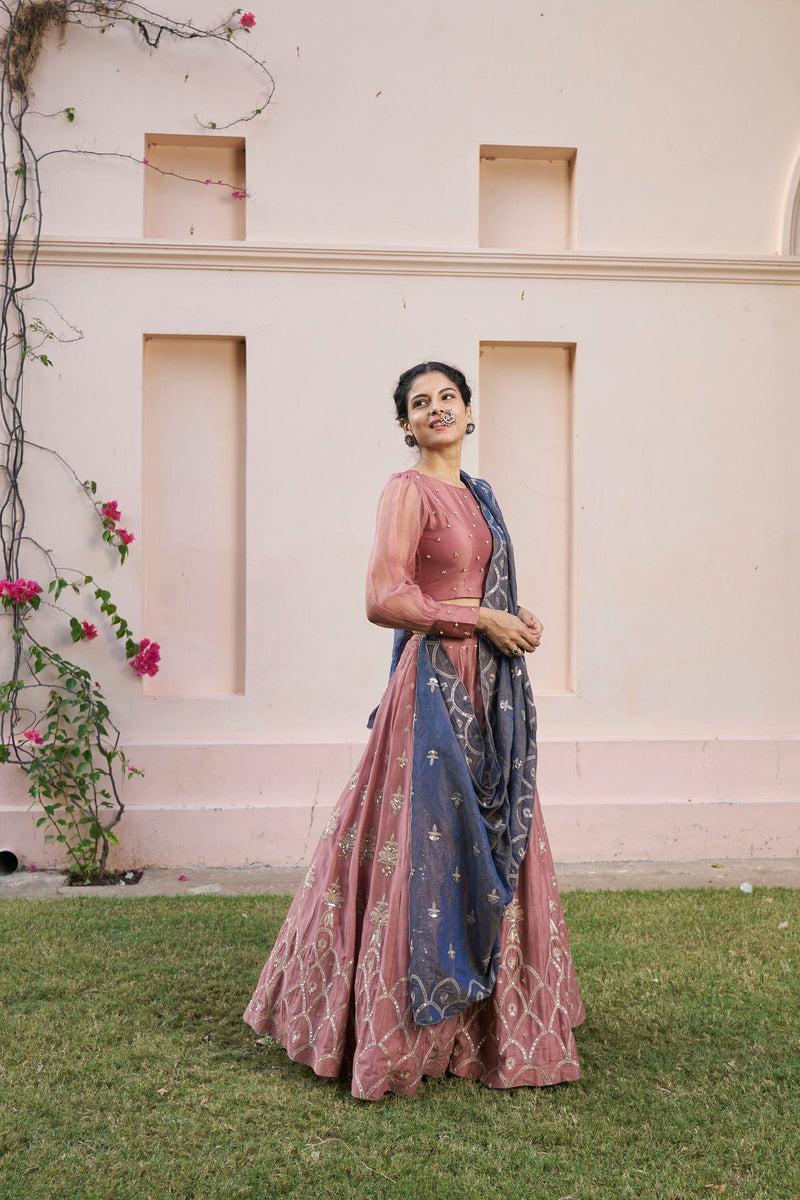 kikli dusky rose lehenga-set of 3( blouse, kalidar skirt & dupatta) Naaz By Noor 