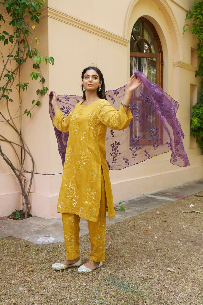 kikli mustard- set of 3( kurta, pant & dupatta) Naaz By Noor 