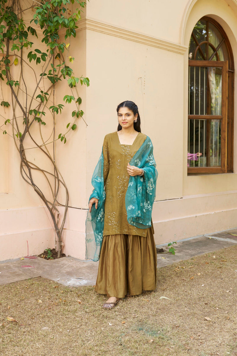 kikli olive-set of 3( kurta, sharara & dupatta) Naaz By Noor 