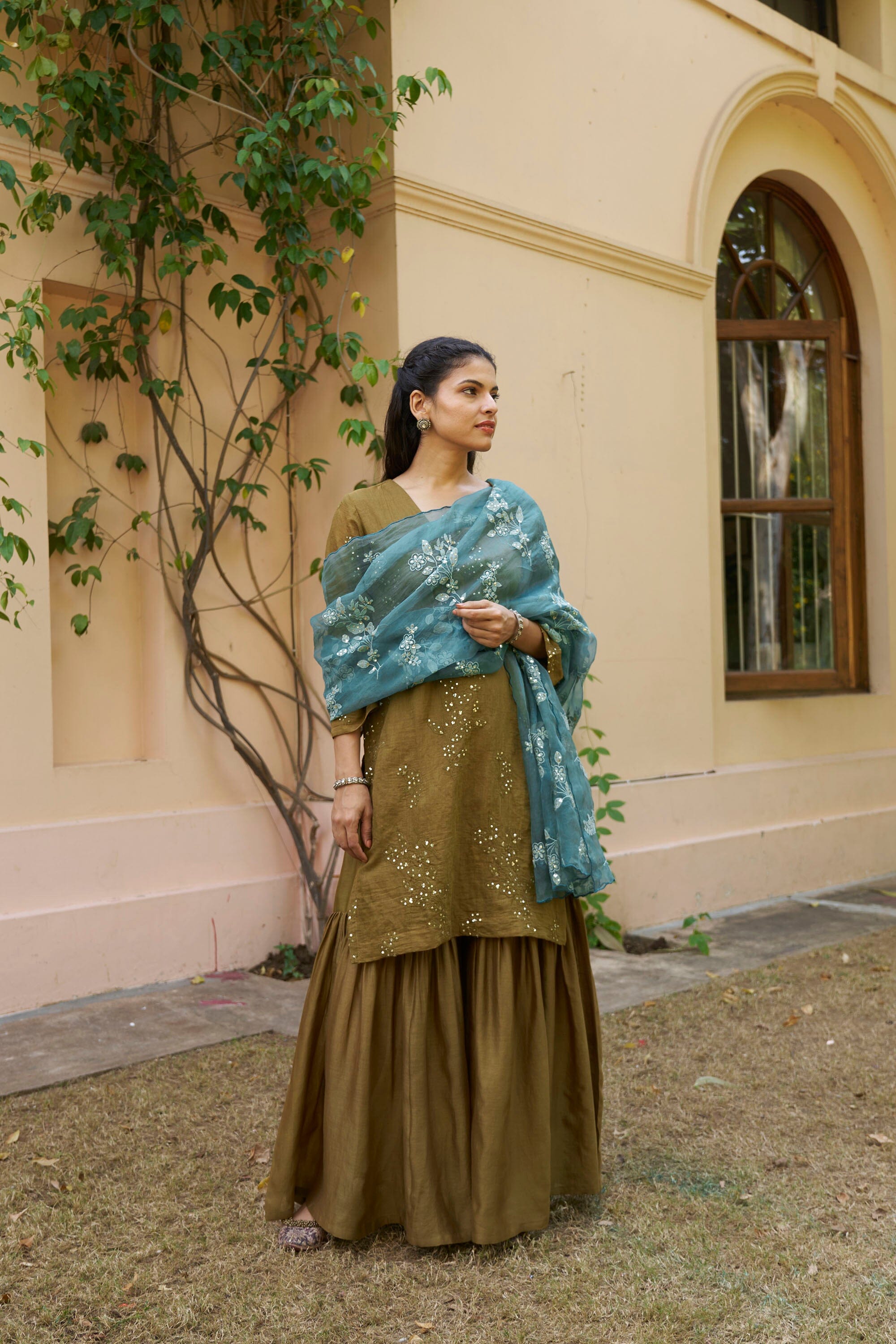 kikli olive-set of 3( kurta, sharara & dupatta)