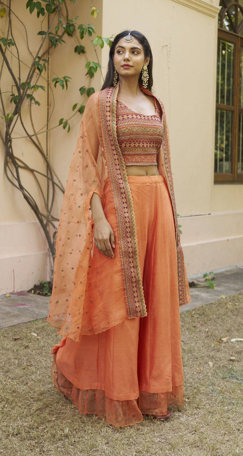 kikli orange-set of 3 ( crop top, sharara & cape style dupatta) Naaz By Noor 