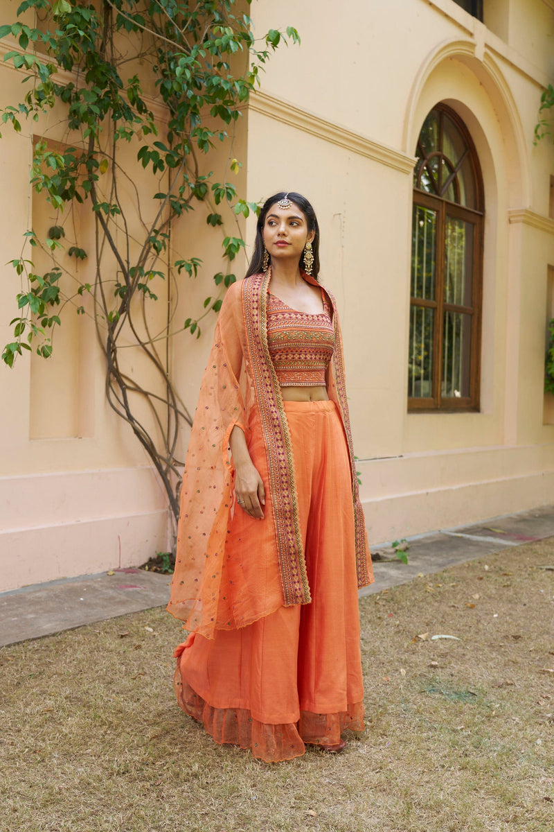 kikli orange-set of 3 ( crop top, sharara & cape style dupatta) Naaz By Noor 