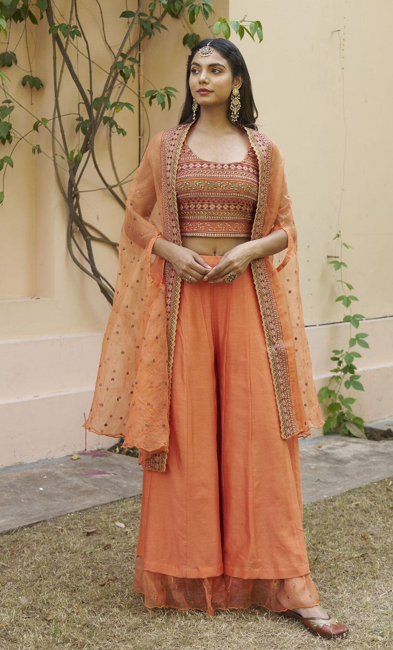 kikli orange-set of 3 ( crop top, sharara & cape style dupatta) Naaz By Noor 