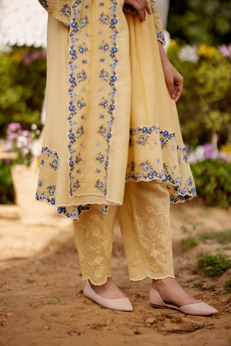 LEMON MERINGUE fields-set of 3(A- line kurta, pant & dupatta) Naaz By Noor 