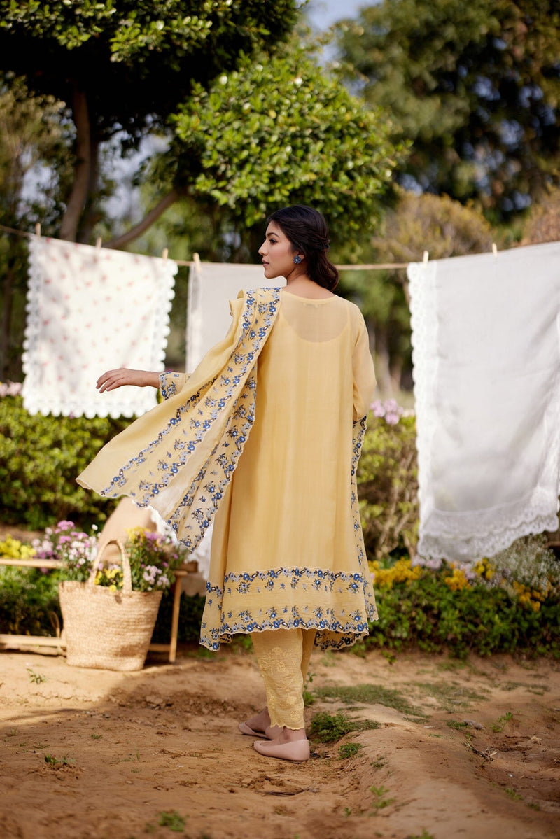 LEMON MERINGUE fields-set of 3(A- line kurta, pant & dupatta) Naaz By Noor 