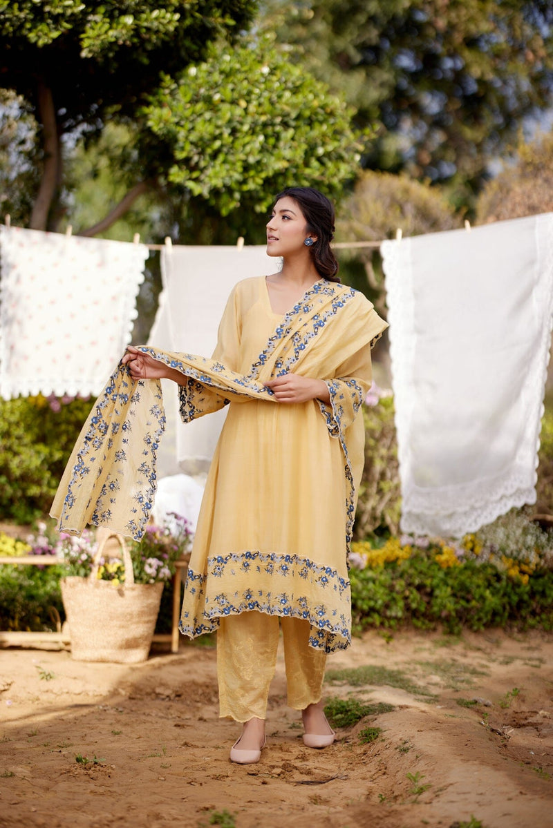 LEMON MERINGUE fields-set of 3(A- line kurta, pant & dupatta) Naaz By Noor 