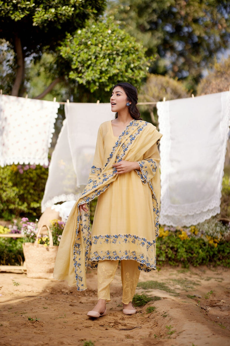 LEMON MERINGUE fields-set of 3(A- line kurta, pant & dupatta) Naaz By Noor 