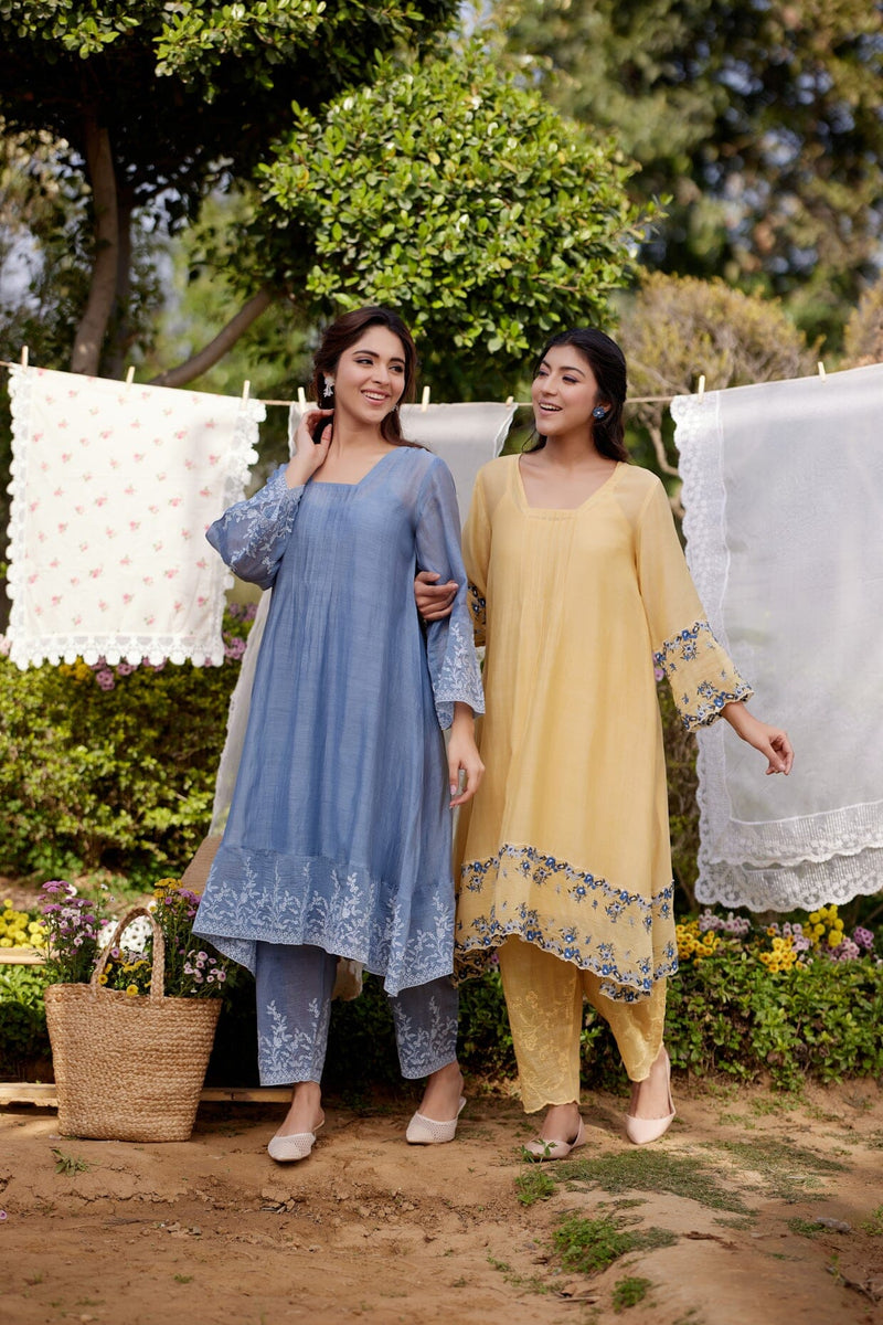 LEMON MERINGUE fields-set of 3(A- line kurta, pant & dupatta) Naaz By Noor 