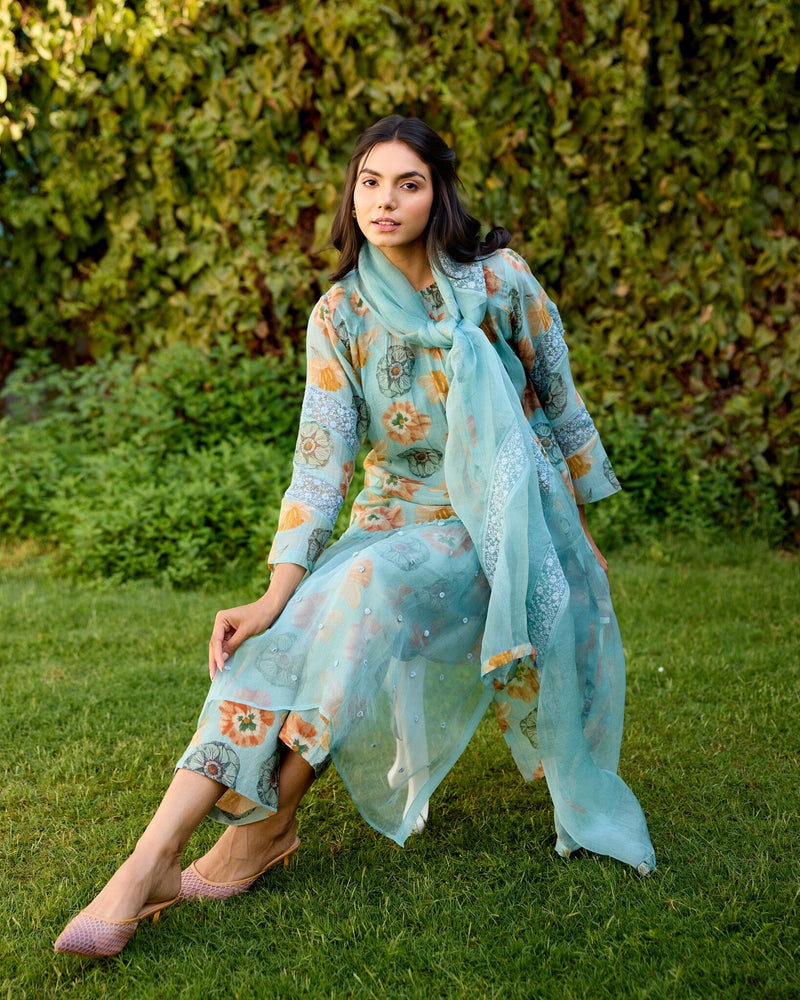 LUSH FLOWER CHILD -SET OF 3( KURTA,PANT & DUPATTA) Naaz By Noor 