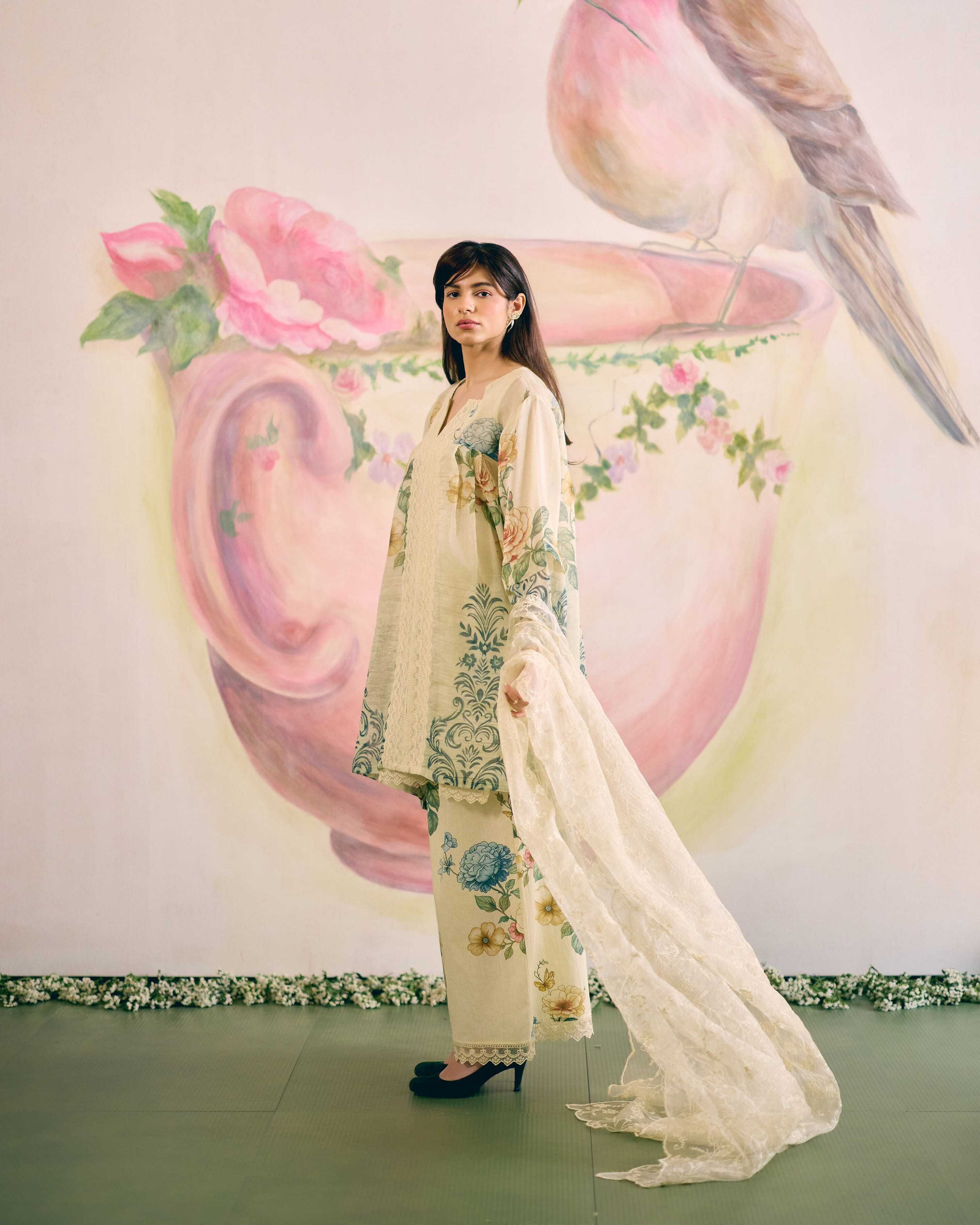 PALE YELLOW SUMMER FLORAL- SET OF 3 ( KURTA, PANT& DUPATTA) Naaz By Noor 