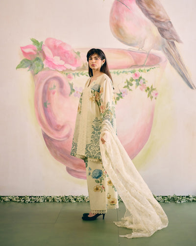 PALE YELLOW SUMMER FLORAL- SET OF 3 ( KURTA, PANT& DUPATTA) Naaz By Noor 