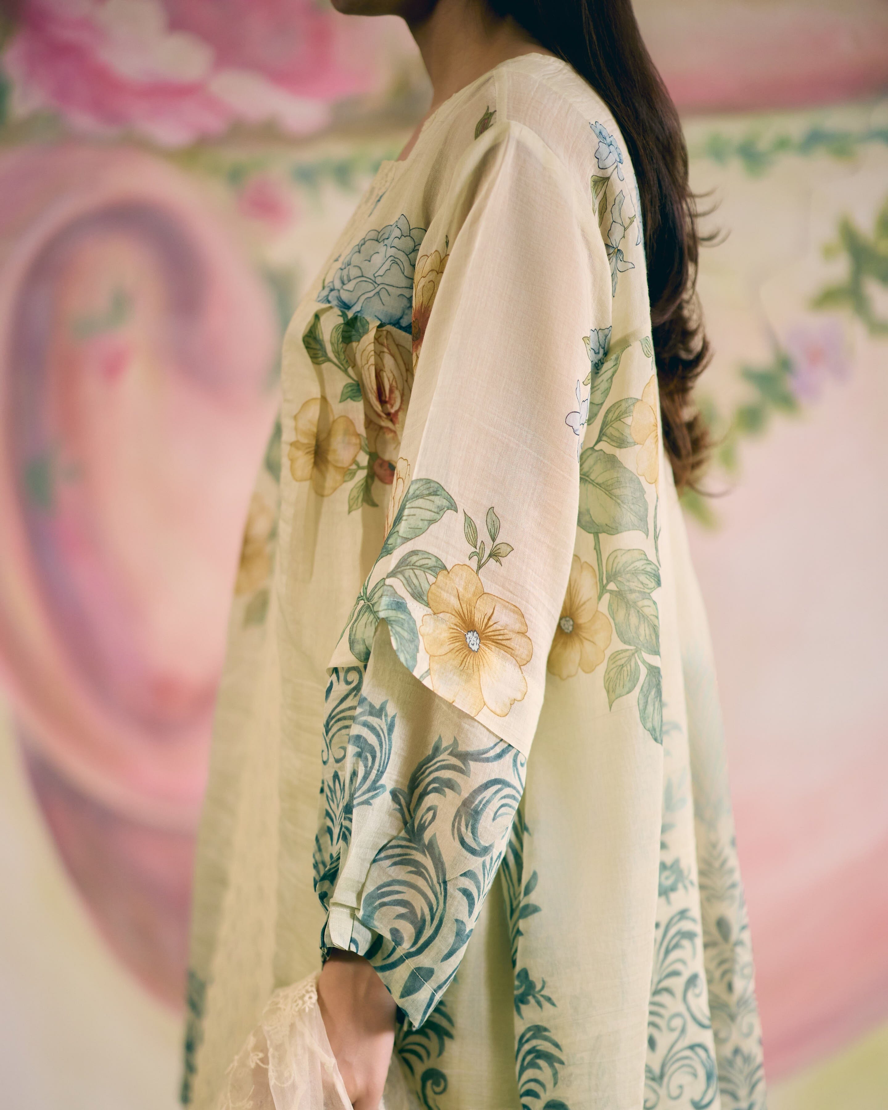 PALE YELLOW SUMMER FLORAL- SET OF 3 ( KURTA, PANT& DUPATTA) Naaz By Noor 