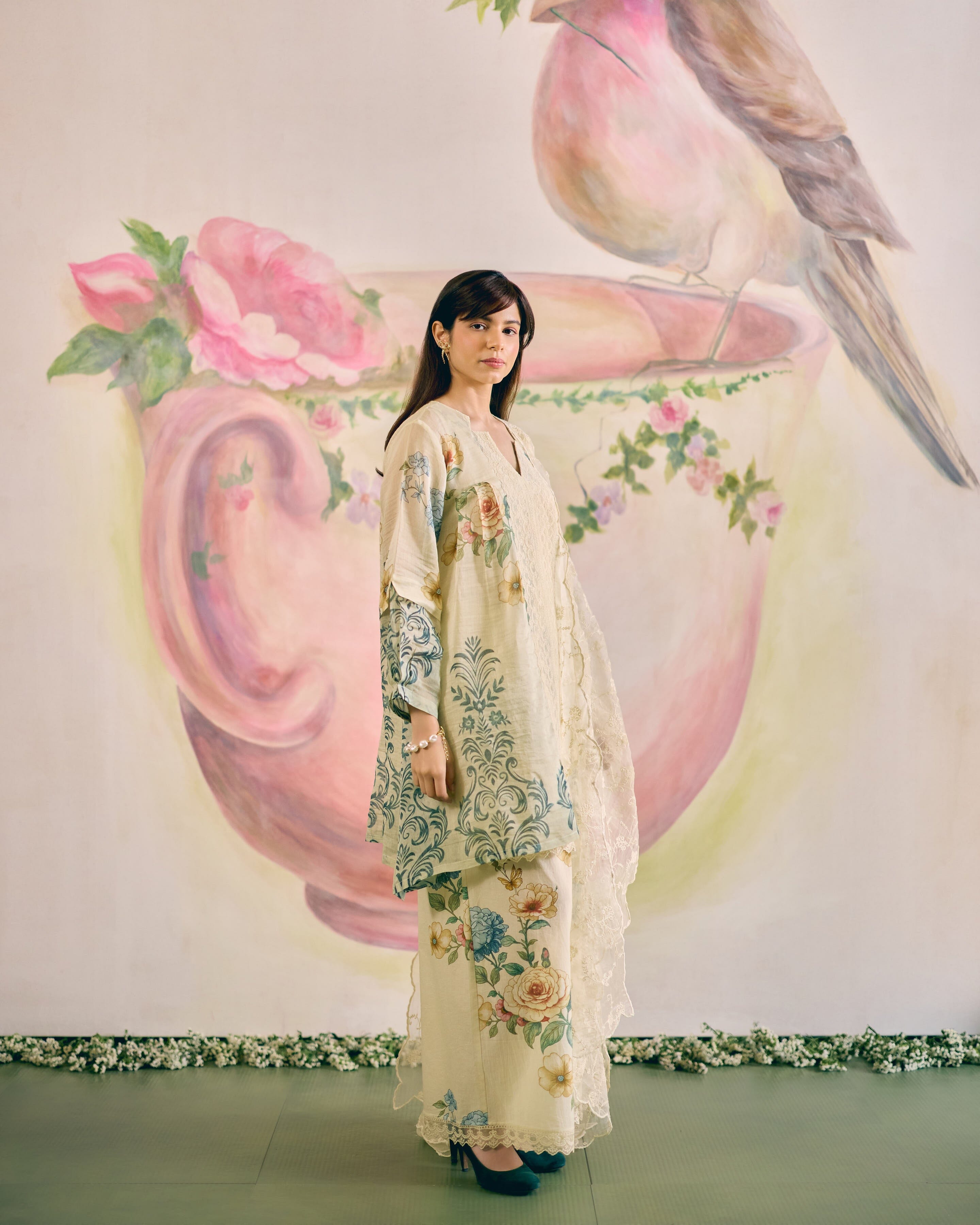 PALE YELLOW SUMMER FLORAL- SET OF 3 ( KURTA, PANT& DUPATTA) Naaz By Noor 