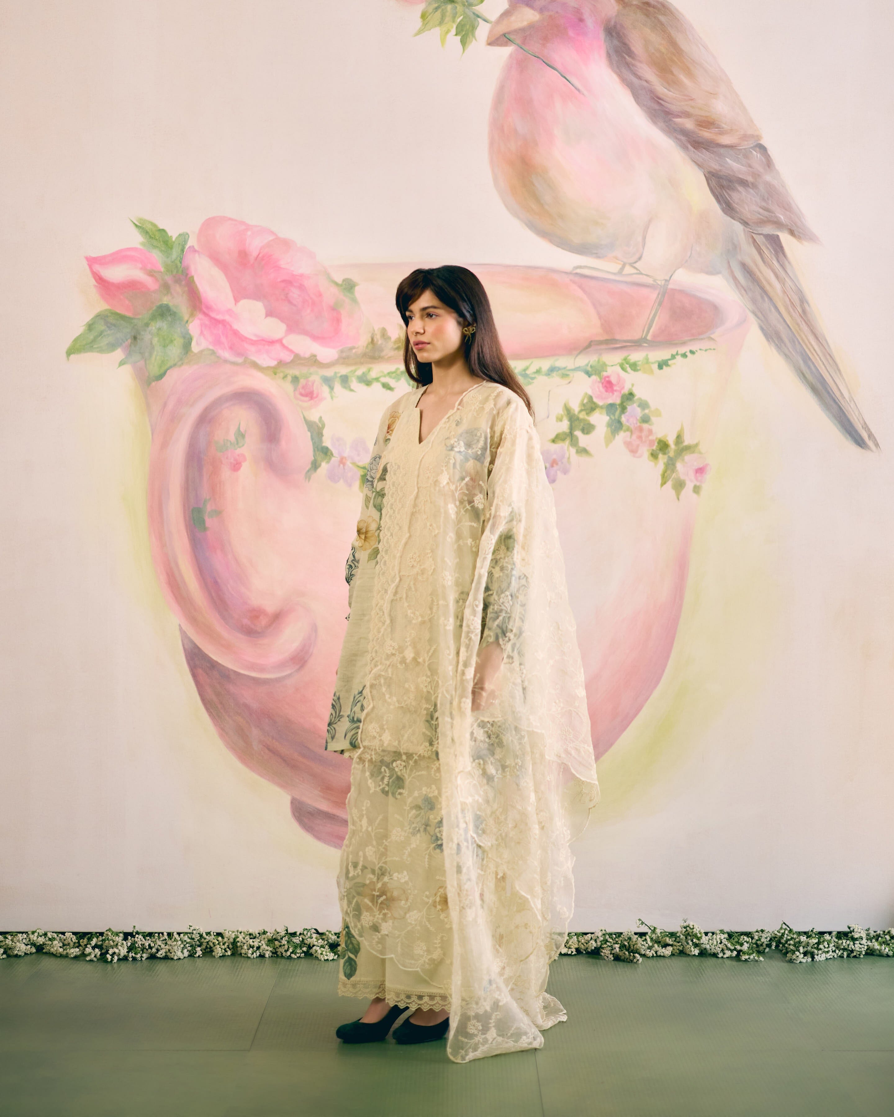 PALE YELLOW SUMMER FLORAL- SET OF 3 ( KURTA, PANT& DUPATTA) Naaz By Noor 