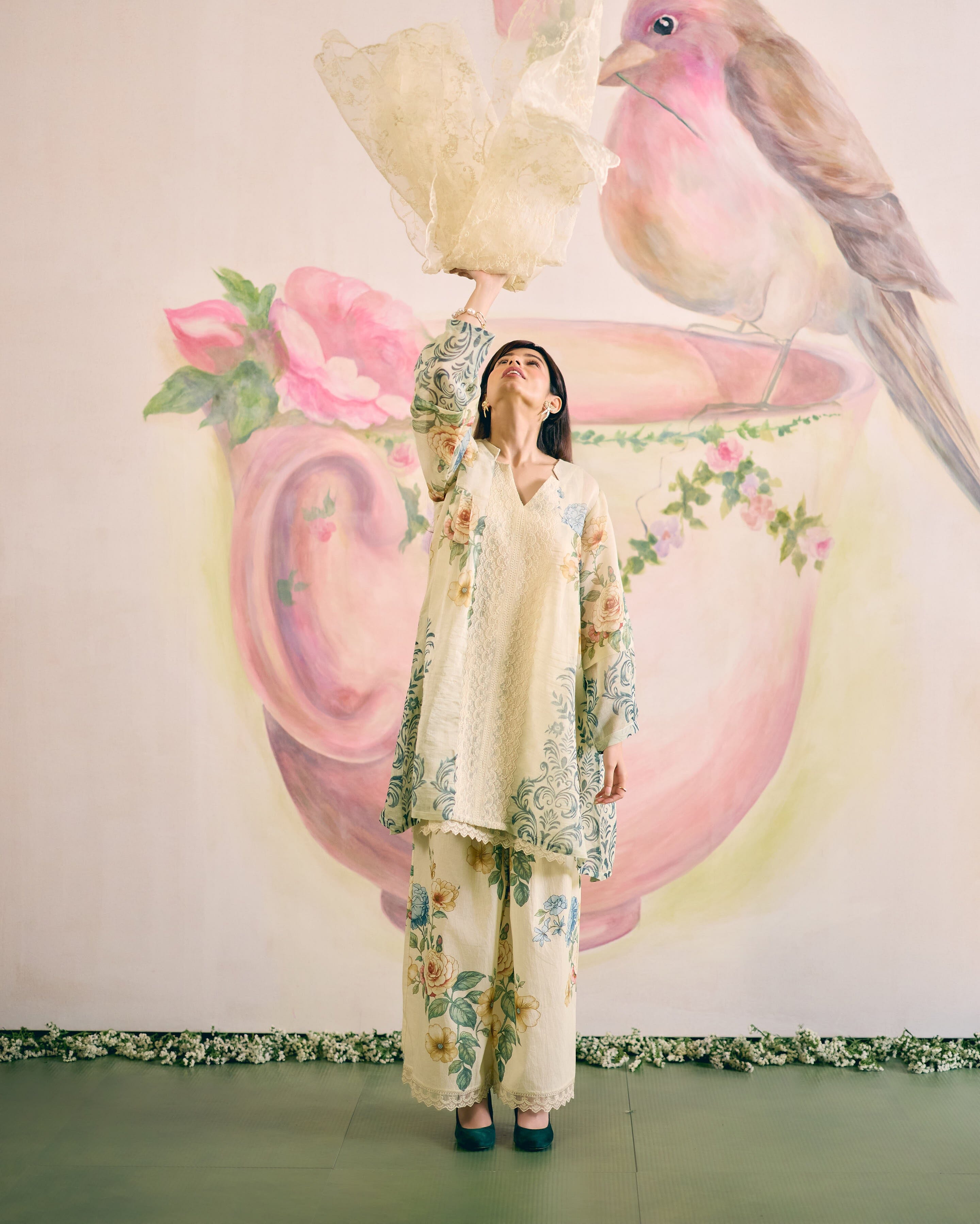 PALE YELLOW SUMMER FLORAL- SET OF 3 ( KURTA, PANT& DUPATTA) Naaz By Noor 