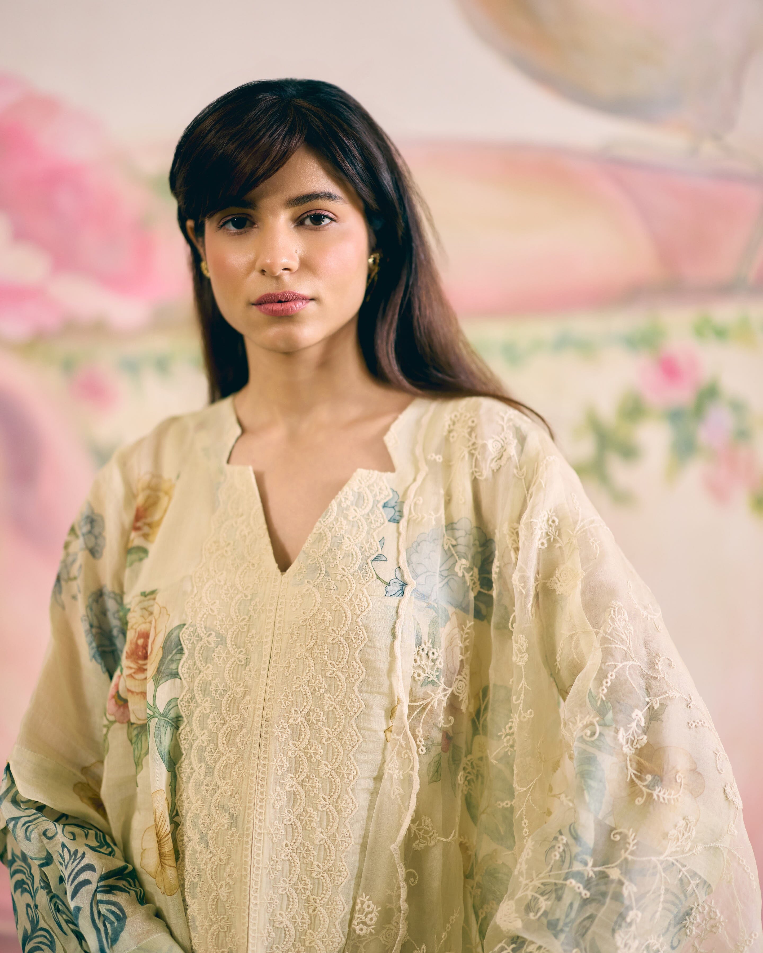 PALE YELLOW SUMMER FLORAL- SET OF 3 ( KURTA, PANT& DUPATTA) Naaz By Noor 