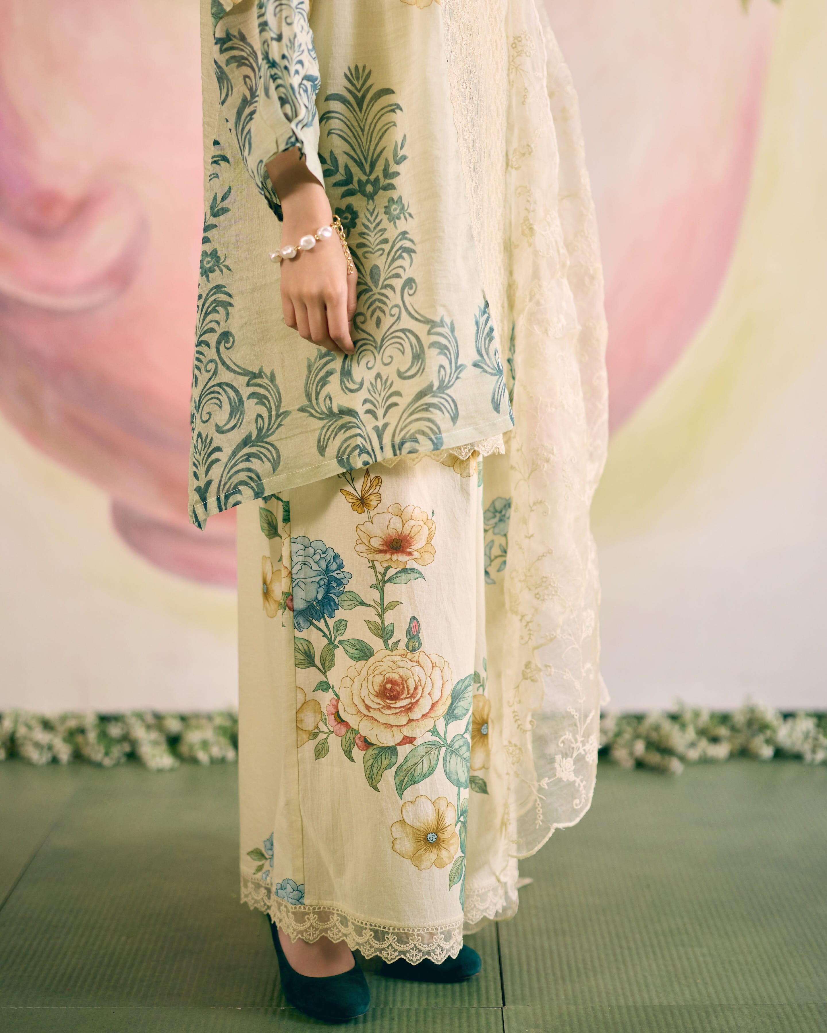 PALE YELLOW SUMMER FLORAL- SET OF 3 ( KURTA, PANT& DUPATTA) Naaz By Noor 