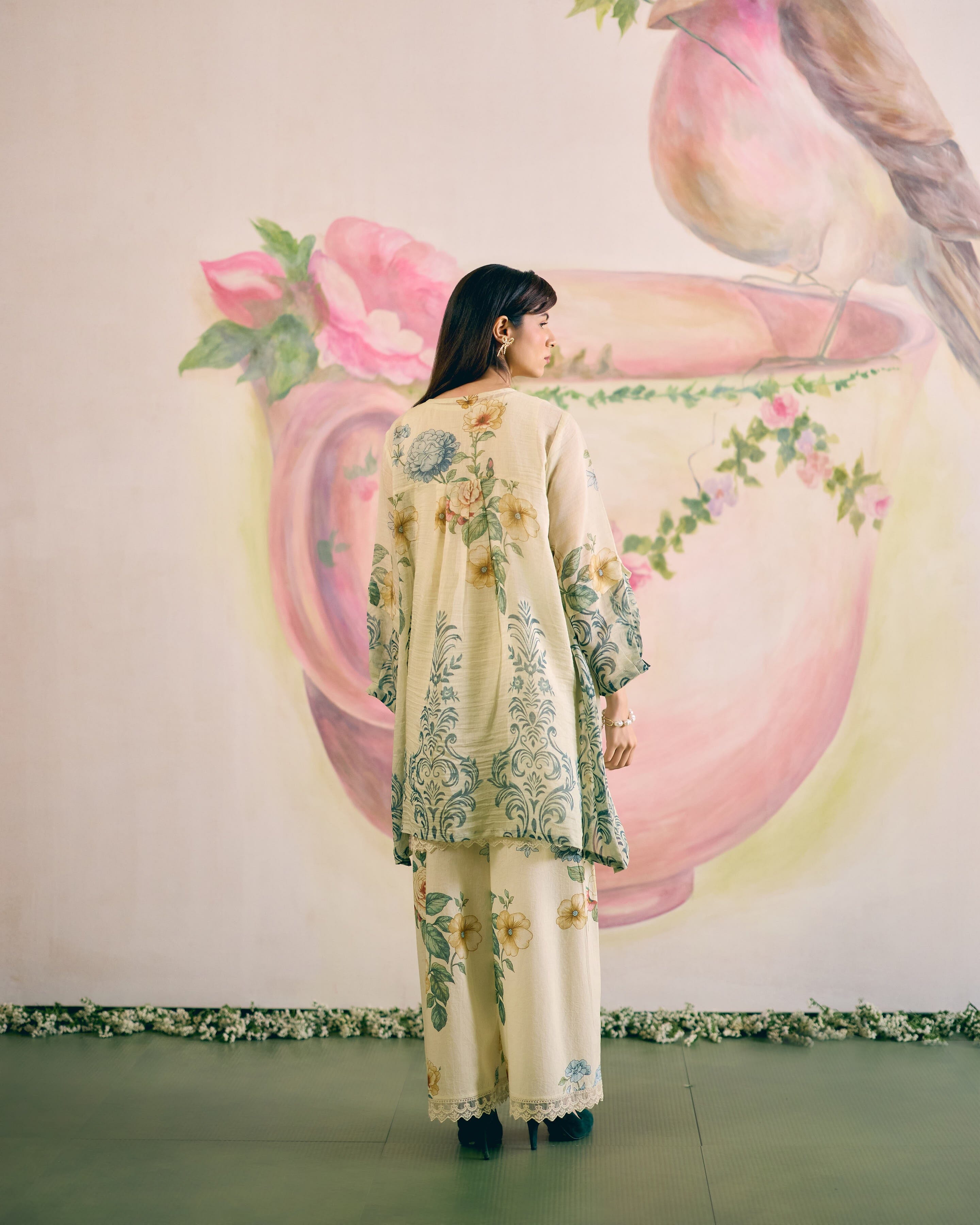 PALE YELLOW SUMMER FLORAL- SET OF 3 ( KURTA, PANT& DUPATTA) Naaz By Noor 