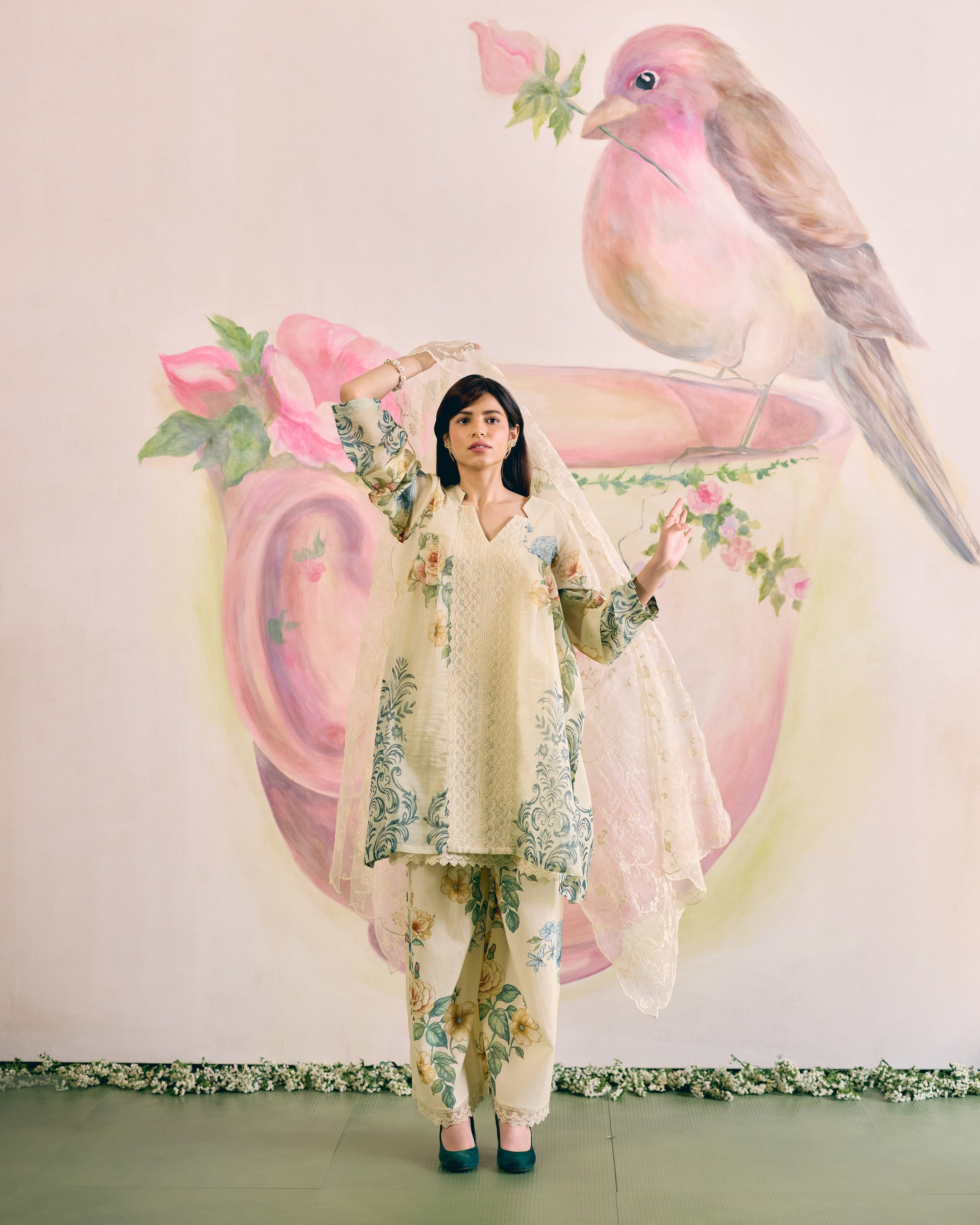 PALE YELLOW SUMMER FLORAL- SET OF 3 ( KURTA, PANT& DUPATTA) Naaz By Noor 