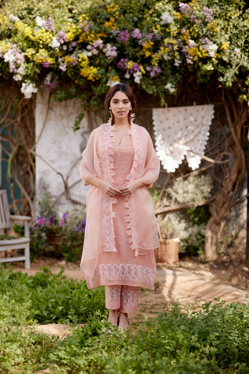 PINK CHERRY BLOSSOM fields- set of 3 ( kurta, pant & dupatta) Naaz By Noor 