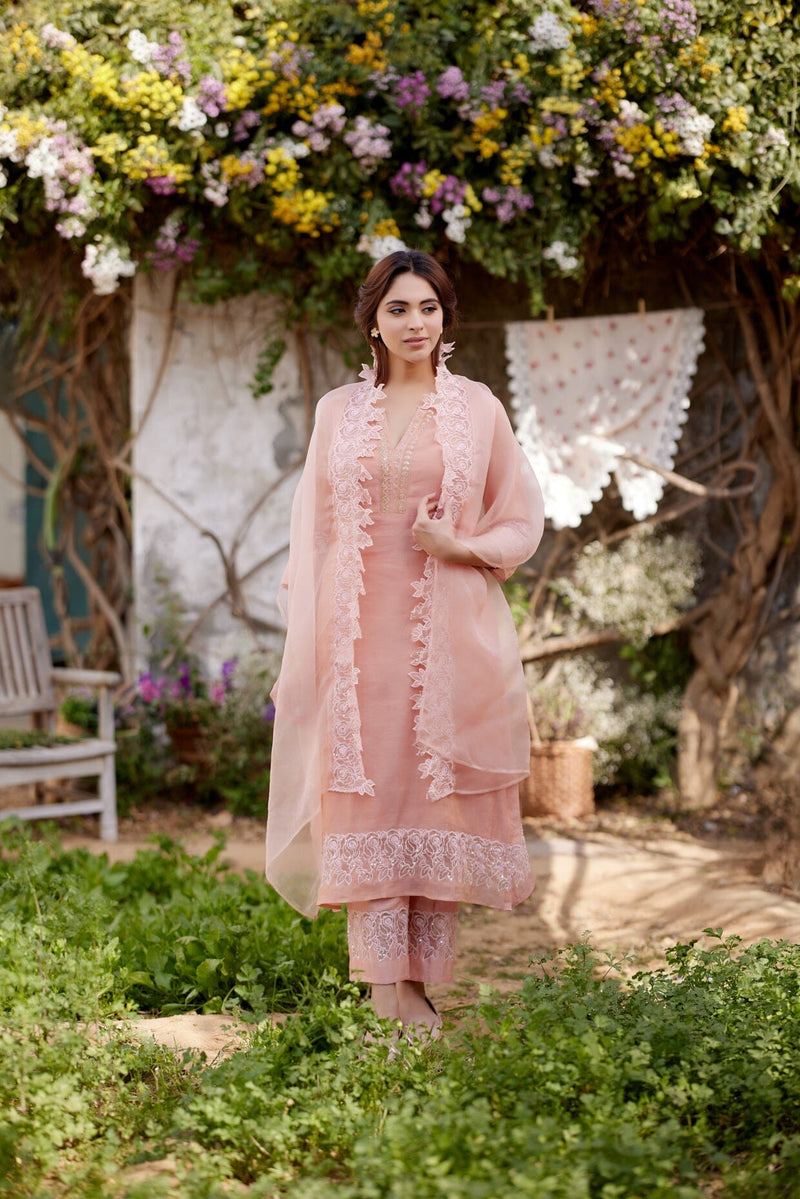 PINK CHERRY BLOSSOM fields- set of 3 ( kurta, pant & dupatta) Naaz By Noor 