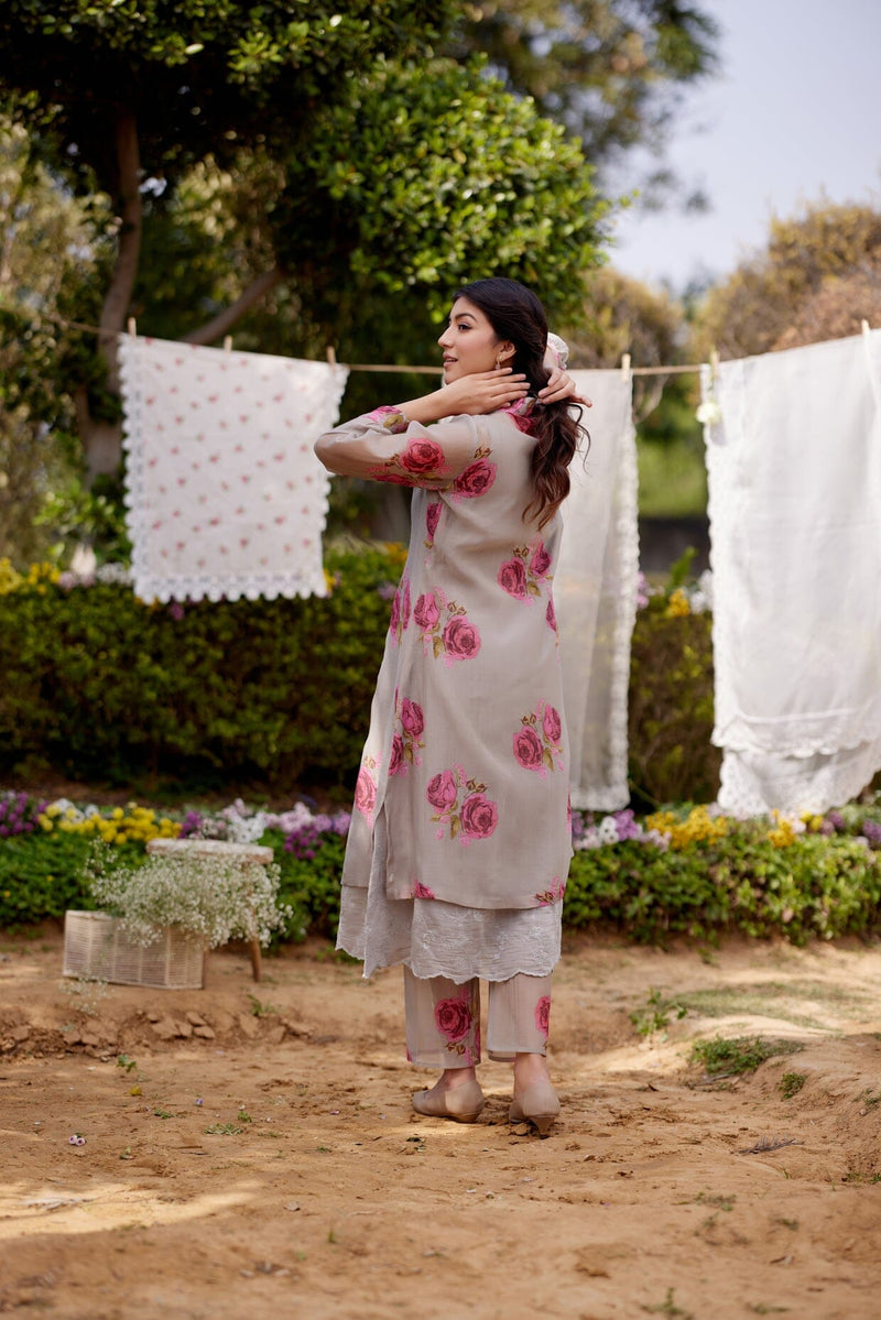 PINK ROSE fields- set of 2 ( kurta & pant) Naaz By Noor 