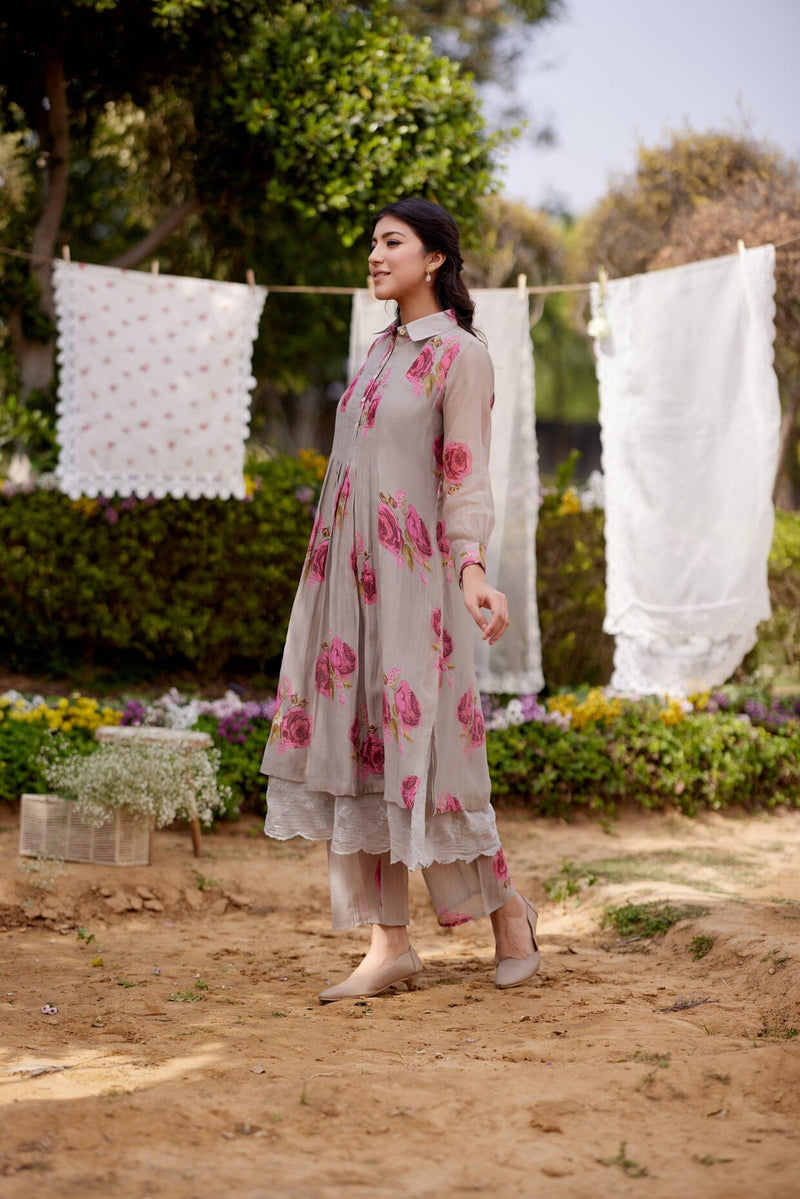 PINK ROSE fields- set of 2 ( kurta & pant) Naaz By Noor 