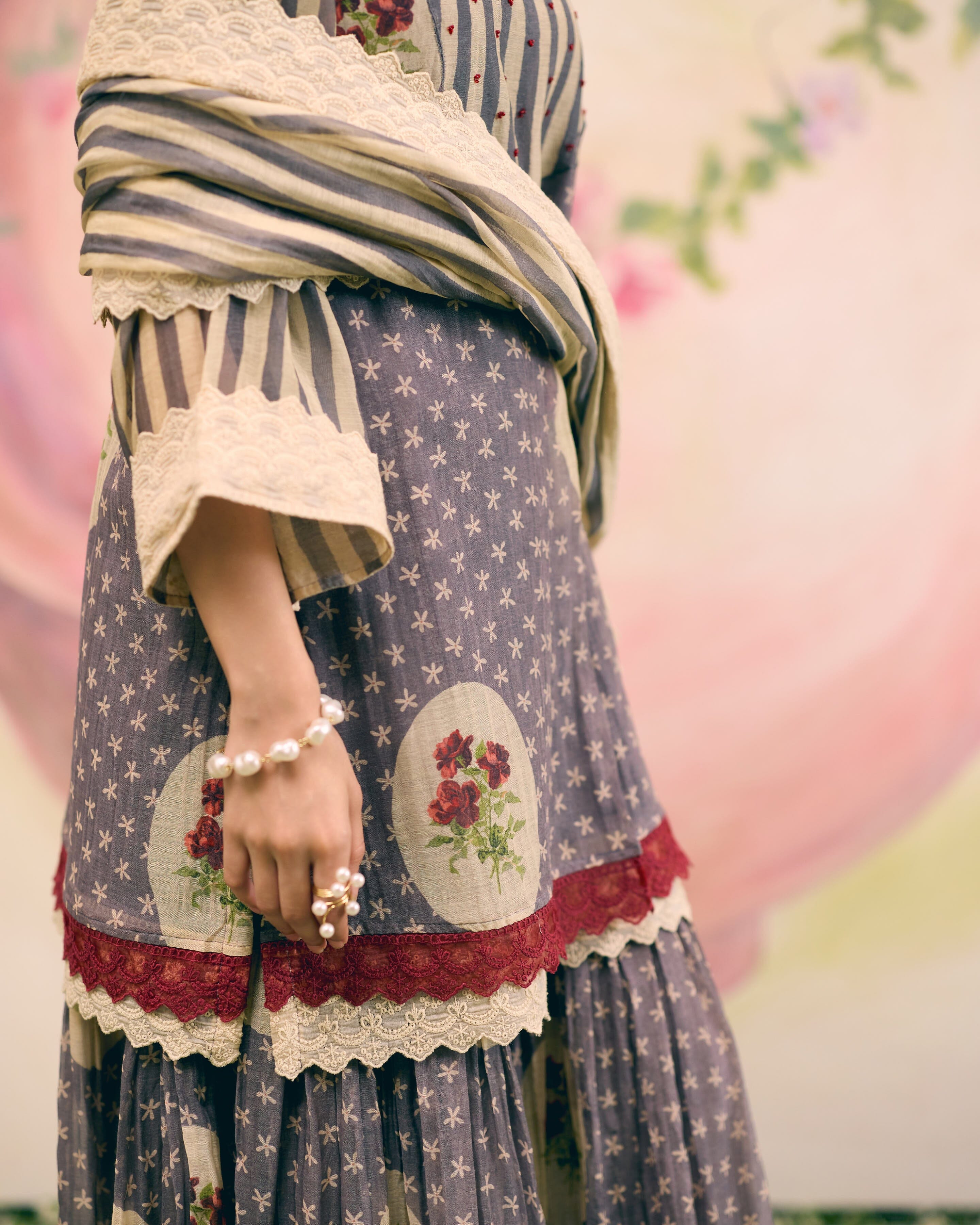PRINTED GREY SHARARA SET- SET OF 3( KURTA, SHARARA & DUPATTA) Naaz By Noor 