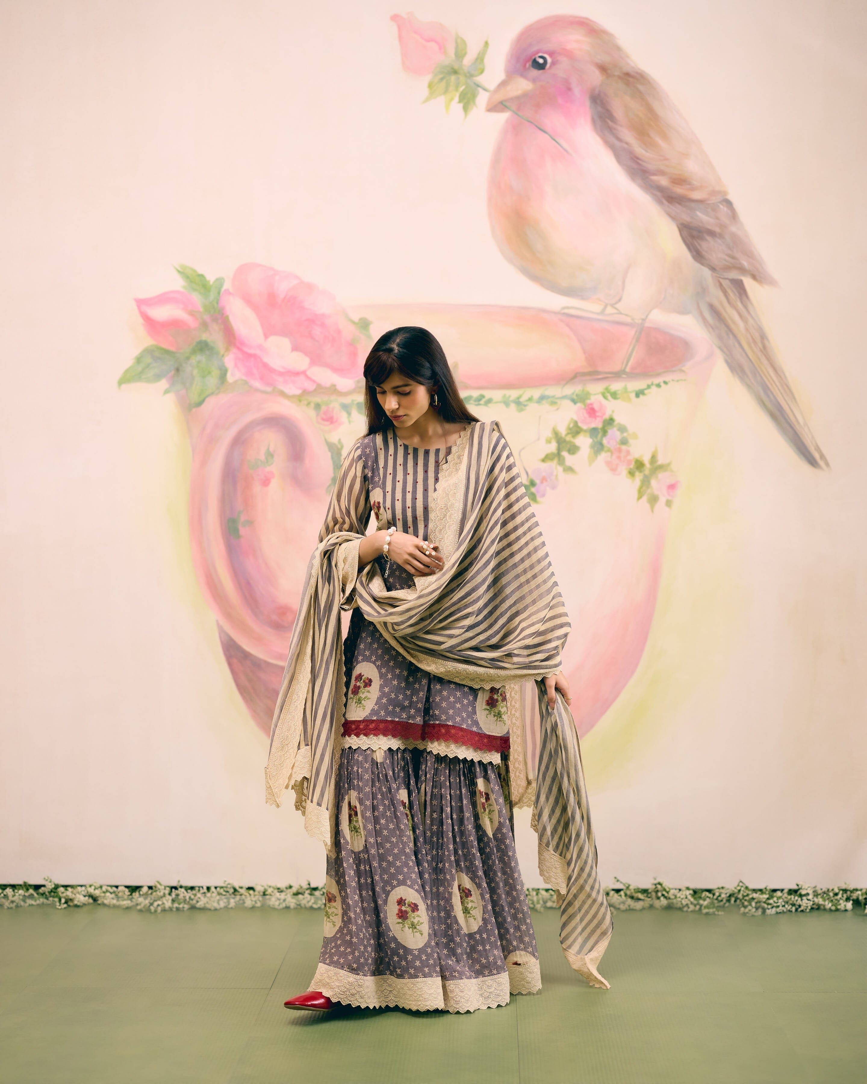 PRINTED GREY SHARARA SET- SET OF 3( KURTA, SHARARA & DUPATTA) Naaz By Noor 