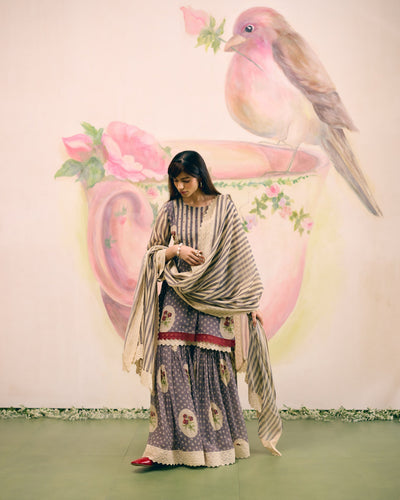 PRINTED GREY SHARARA SET- SET OF 3( KURTA, SHARARA & DUPATTA) Naaz By Noor 