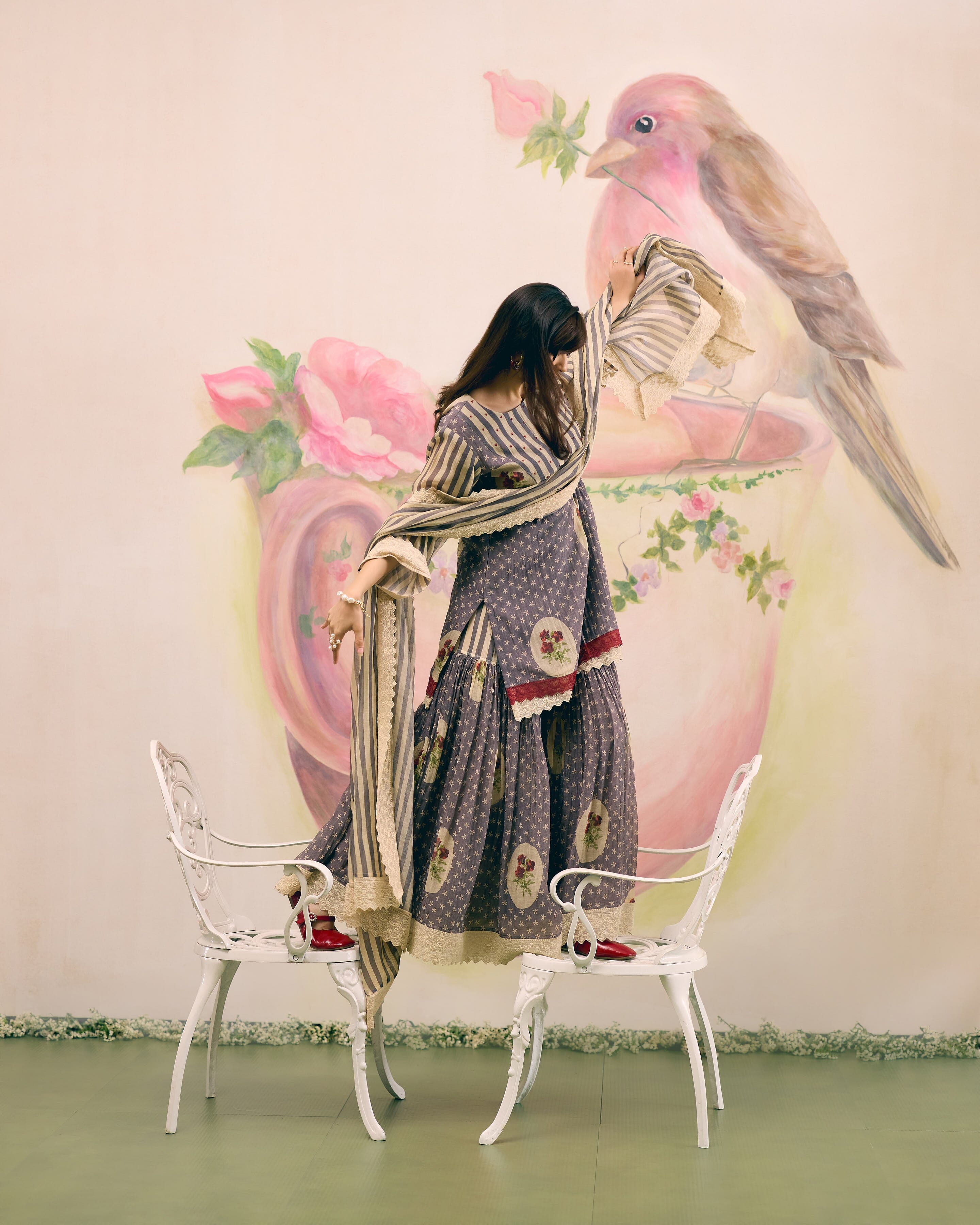 PRINTED GREY SHARARA SET- SET OF 3( KURTA, SHARARA & DUPATTA) Naaz By Noor 