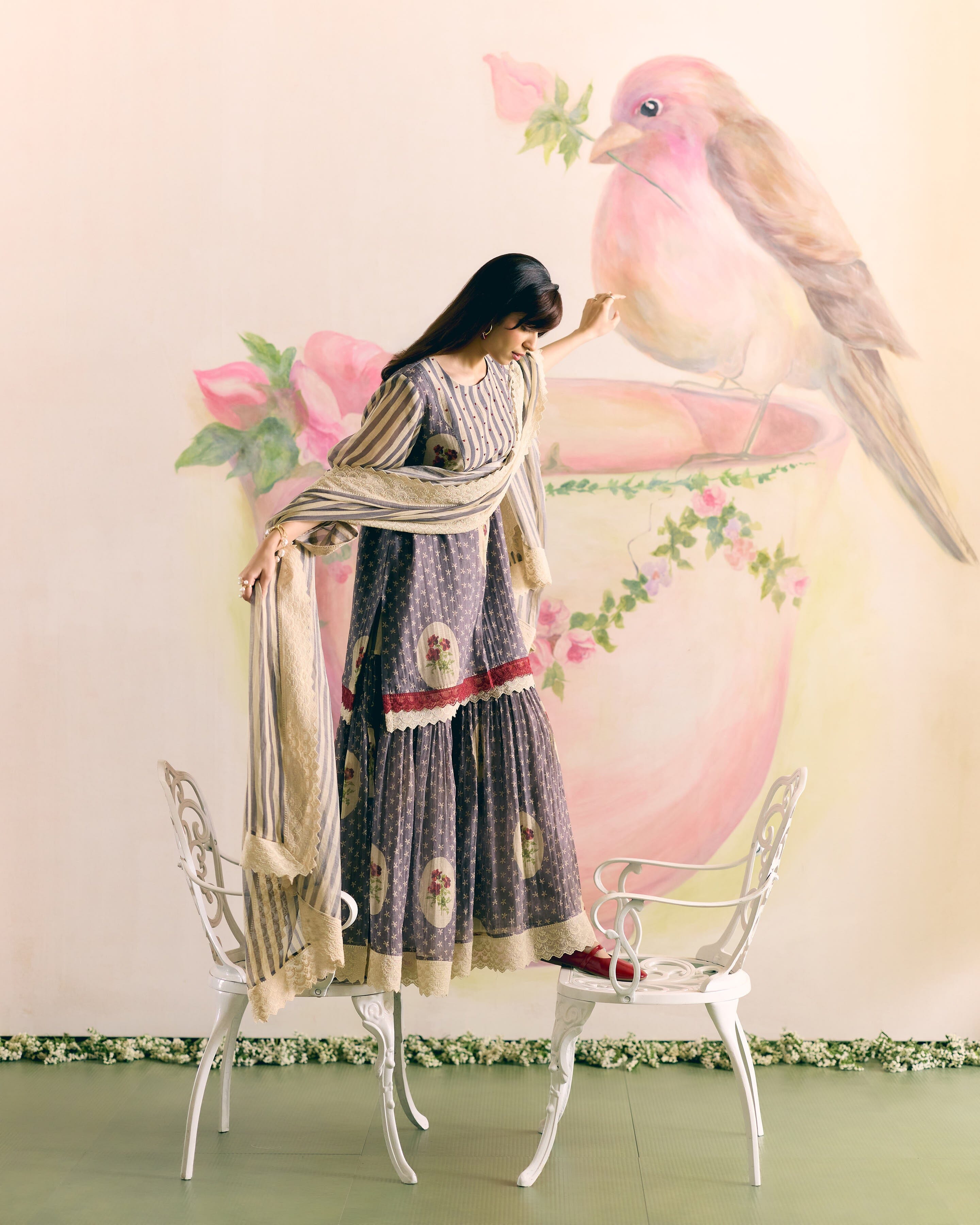 PRINTED GREY SHARARA SET- SET OF 3( KURTA, SHARARA & DUPATTA) Naaz By Noor 