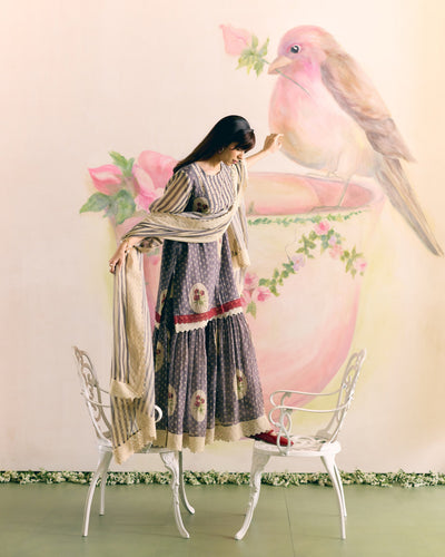 PRINTED GREY SHARARA SET- SET OF 3( KURTA, SHARARA & DUPATTA) Naaz By Noor 