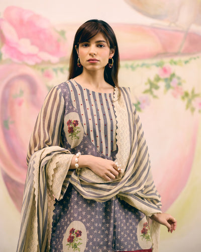 PRINTED GREY SHARARA SET- SET OF 3( KURTA, SHARARA & DUPATTA) Naaz By Noor 