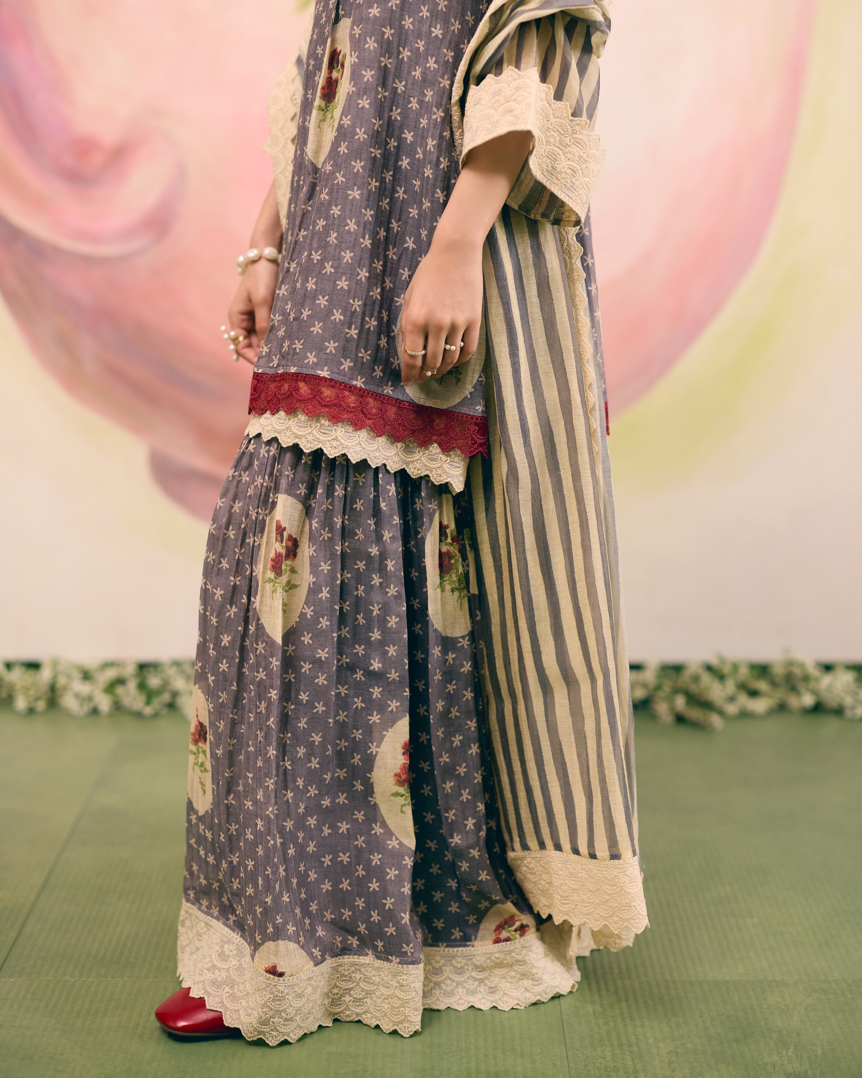 PRINTED GREY SHARARA SET- SET OF 3( KURTA, SHARARA & DUPATTA) Naaz By Noor 