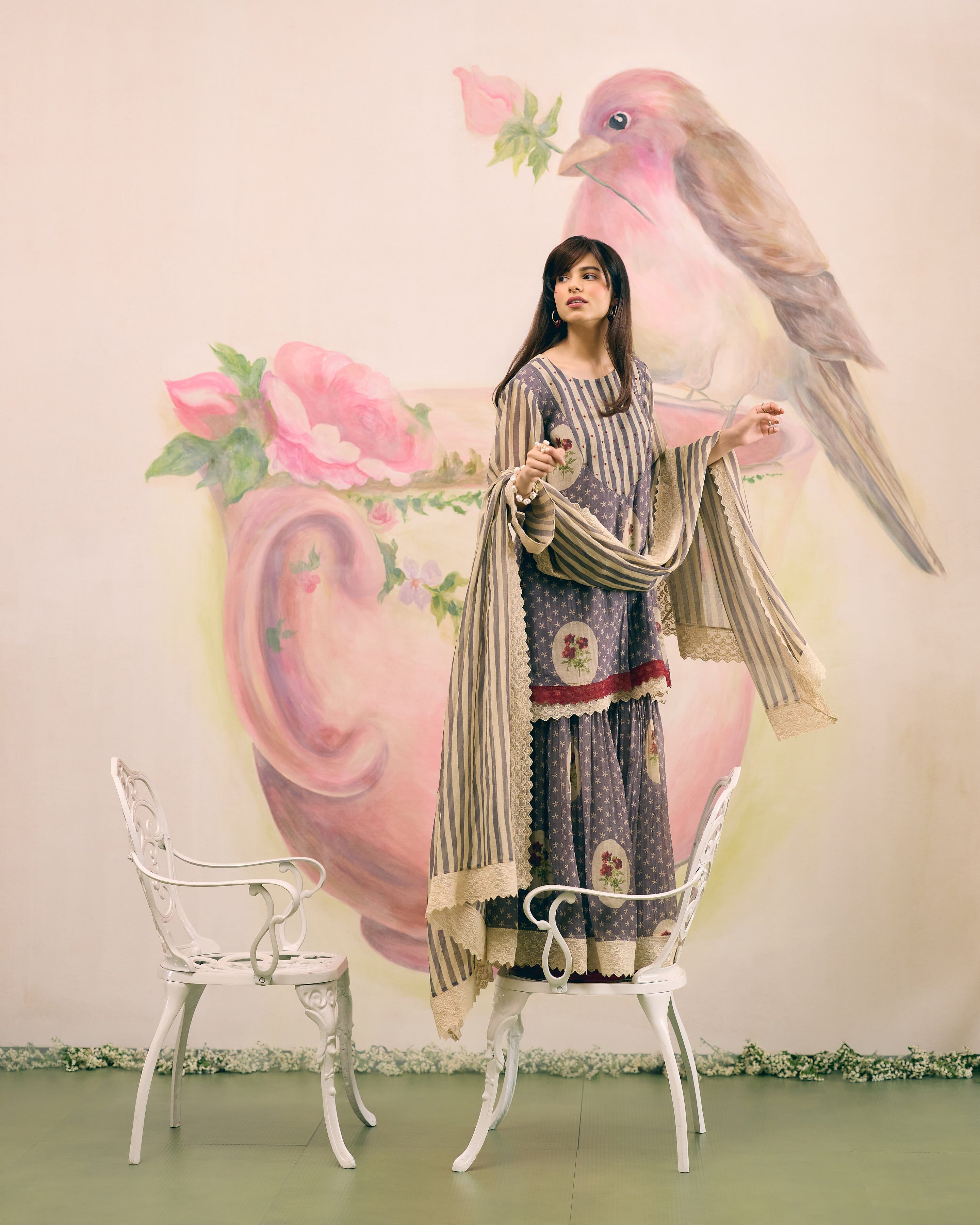PRINTED GREY SHARARA SET- SET OF 3( KURTA, SHARARA & DUPATTA) Naaz By Noor 