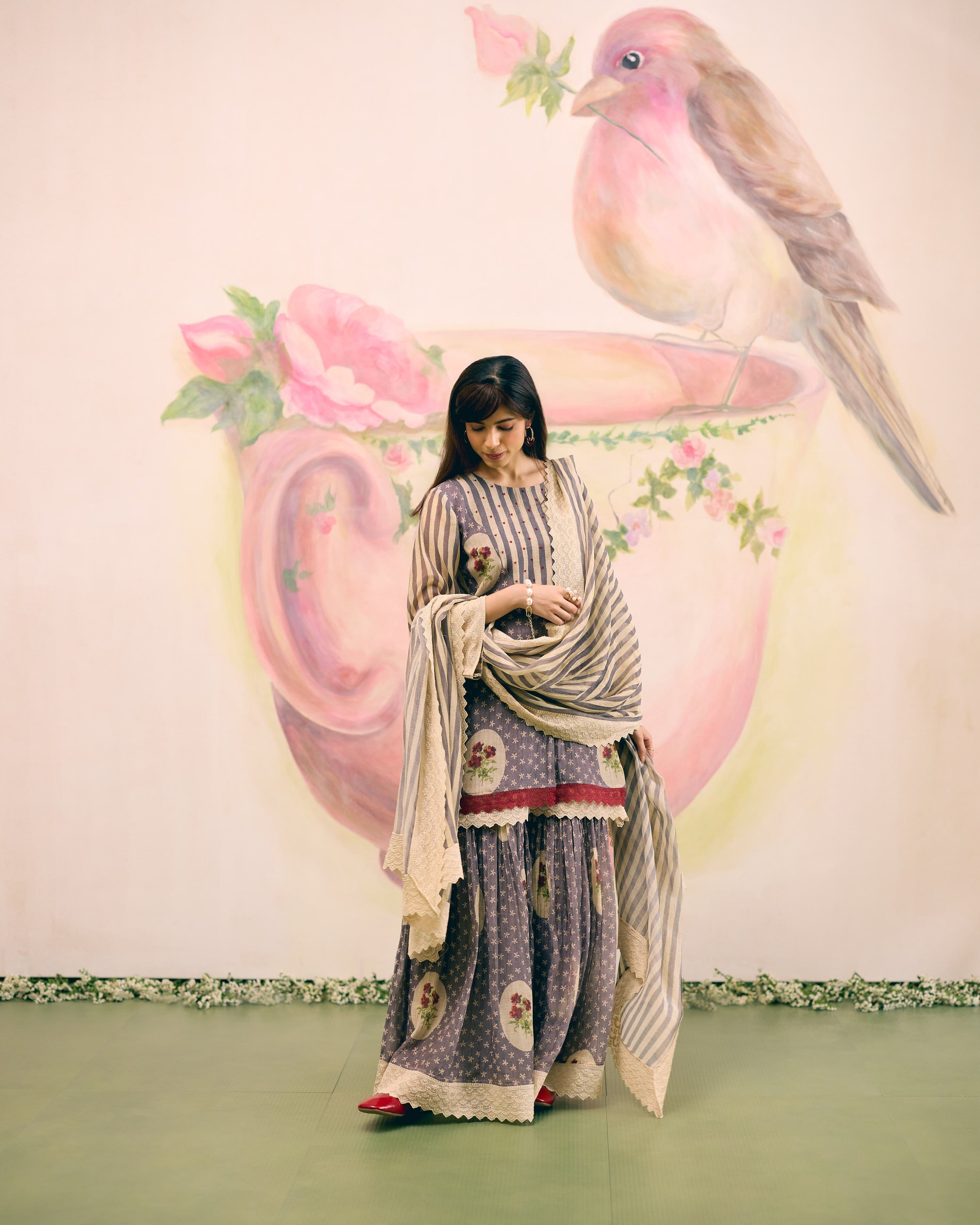 PRINTED GREY SHARARA SET- SET OF 3( KURTA, SHARARA & DUPATTA) Naaz By Noor 
