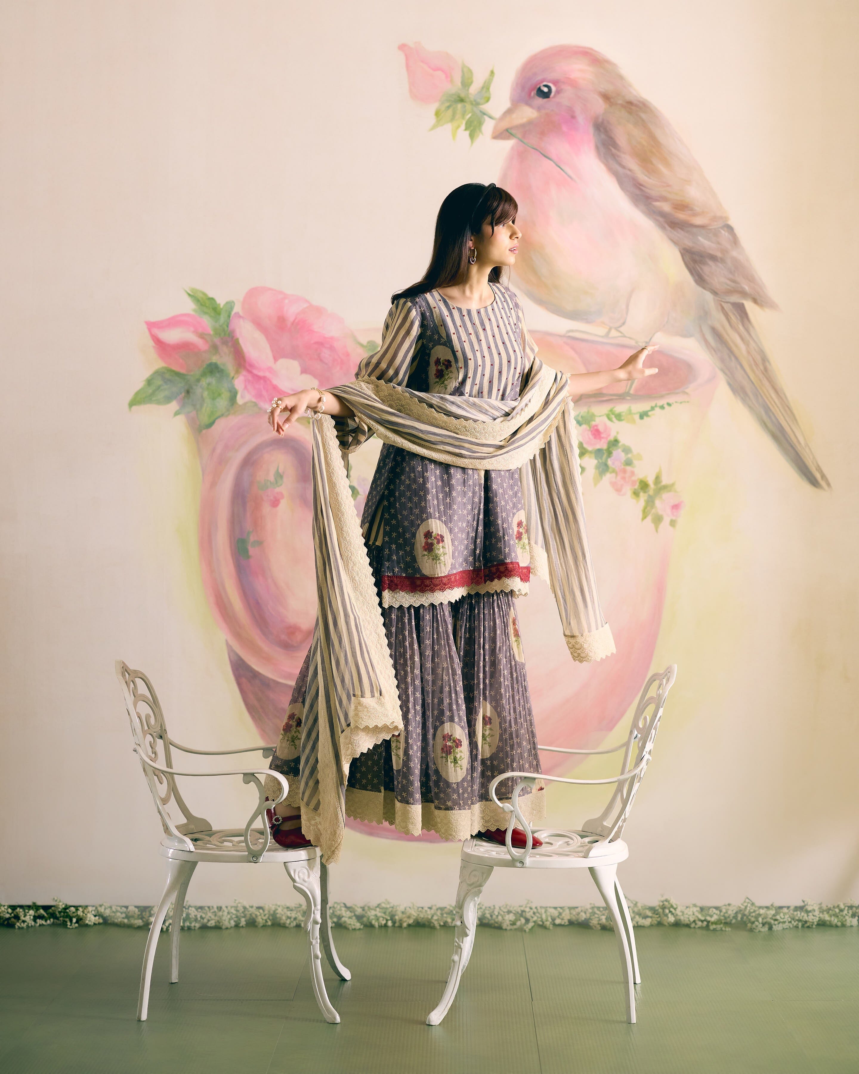 PRINTED GREY SHARARA SET- SET OF 3( KURTA, SHARARA & DUPATTA) Naaz By Noor 