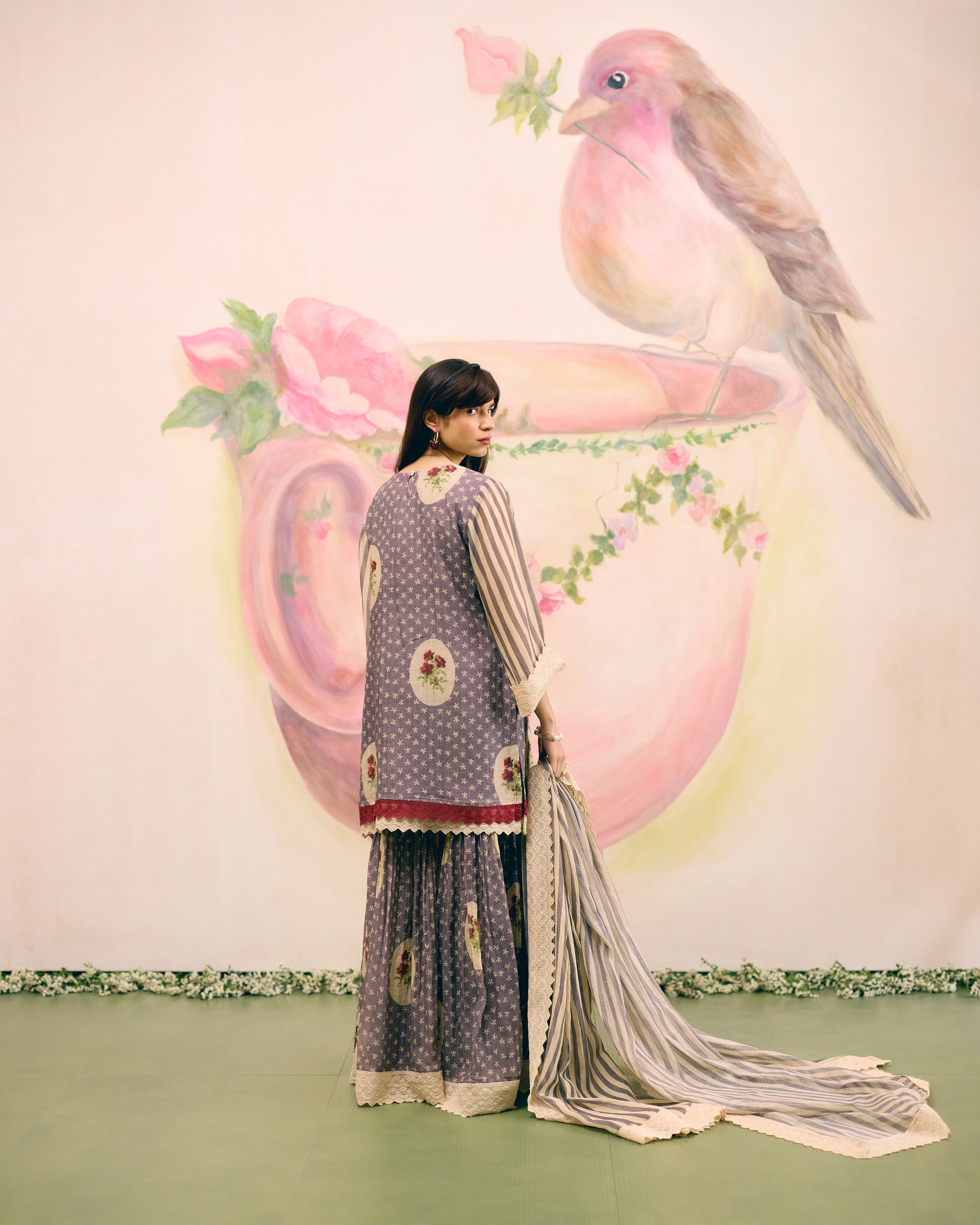 PRINTED GREY SHARARA SET- SET OF 3( KURTA, SHARARA & DUPATTA) Naaz By Noor 