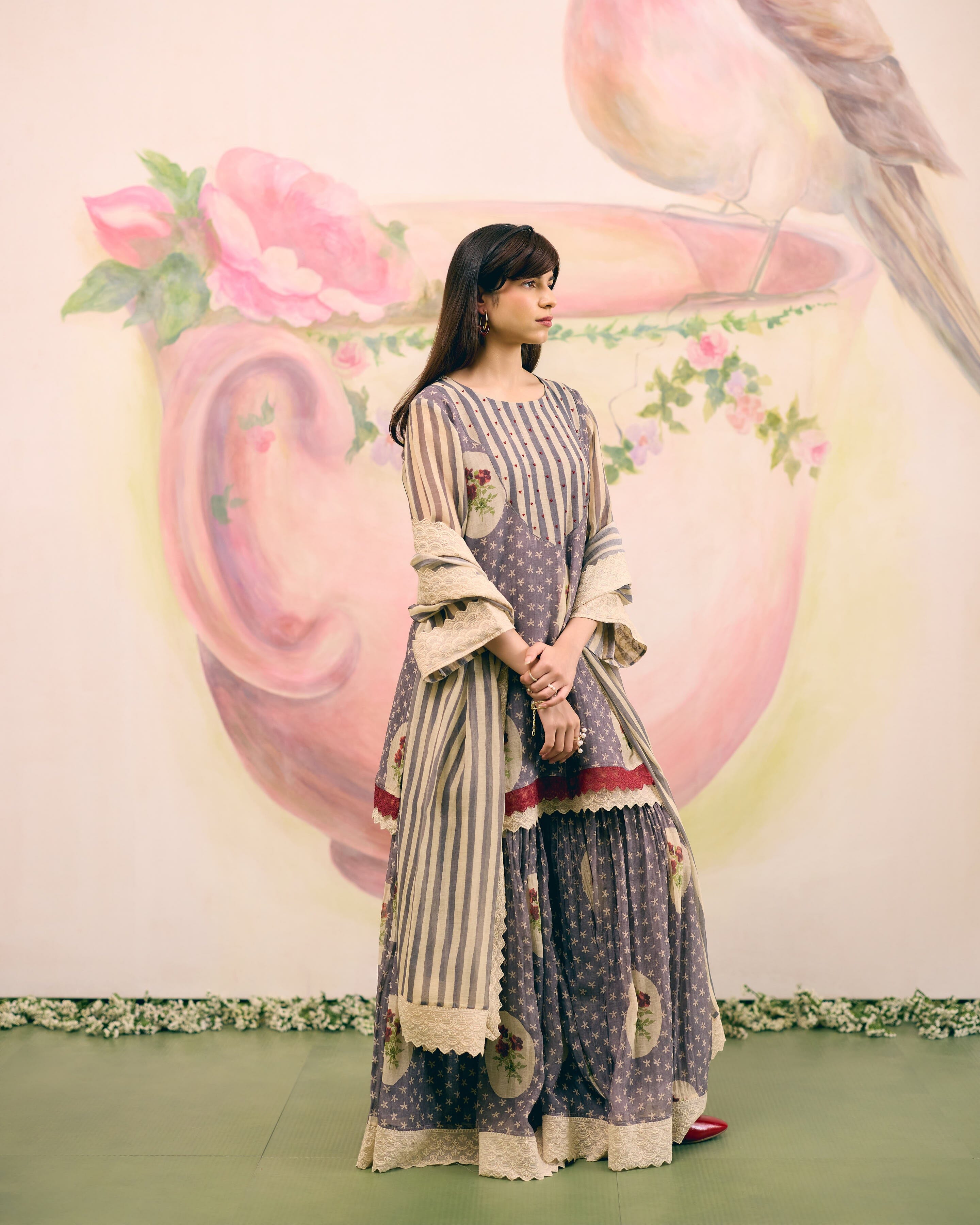 PRINTED GREY SHARARA SET- SET OF 3( KURTA, SHARARA & DUPATTA) Naaz By Noor 
