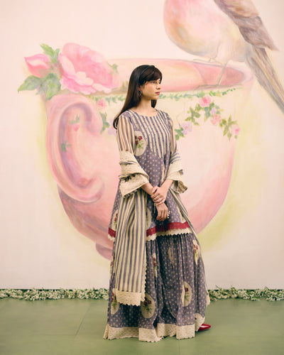 PRINTED GREY SHARARA SET- SET OF 3( KURTA, SHARARA & DUPATTA) Naaz By Noor 