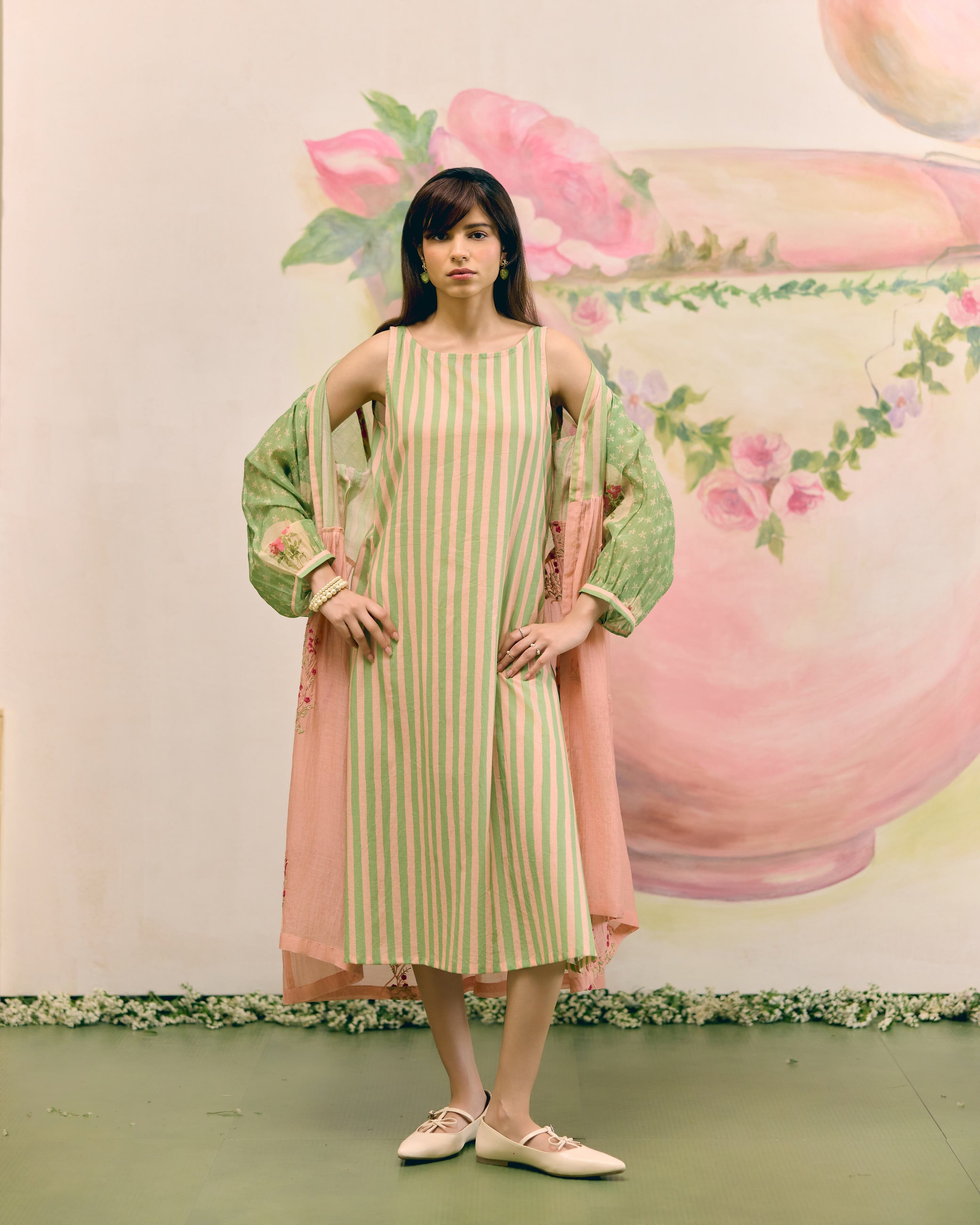 PRINTED SUMMER GREEN DRESS - SET OF 2 Naaz By Noor 