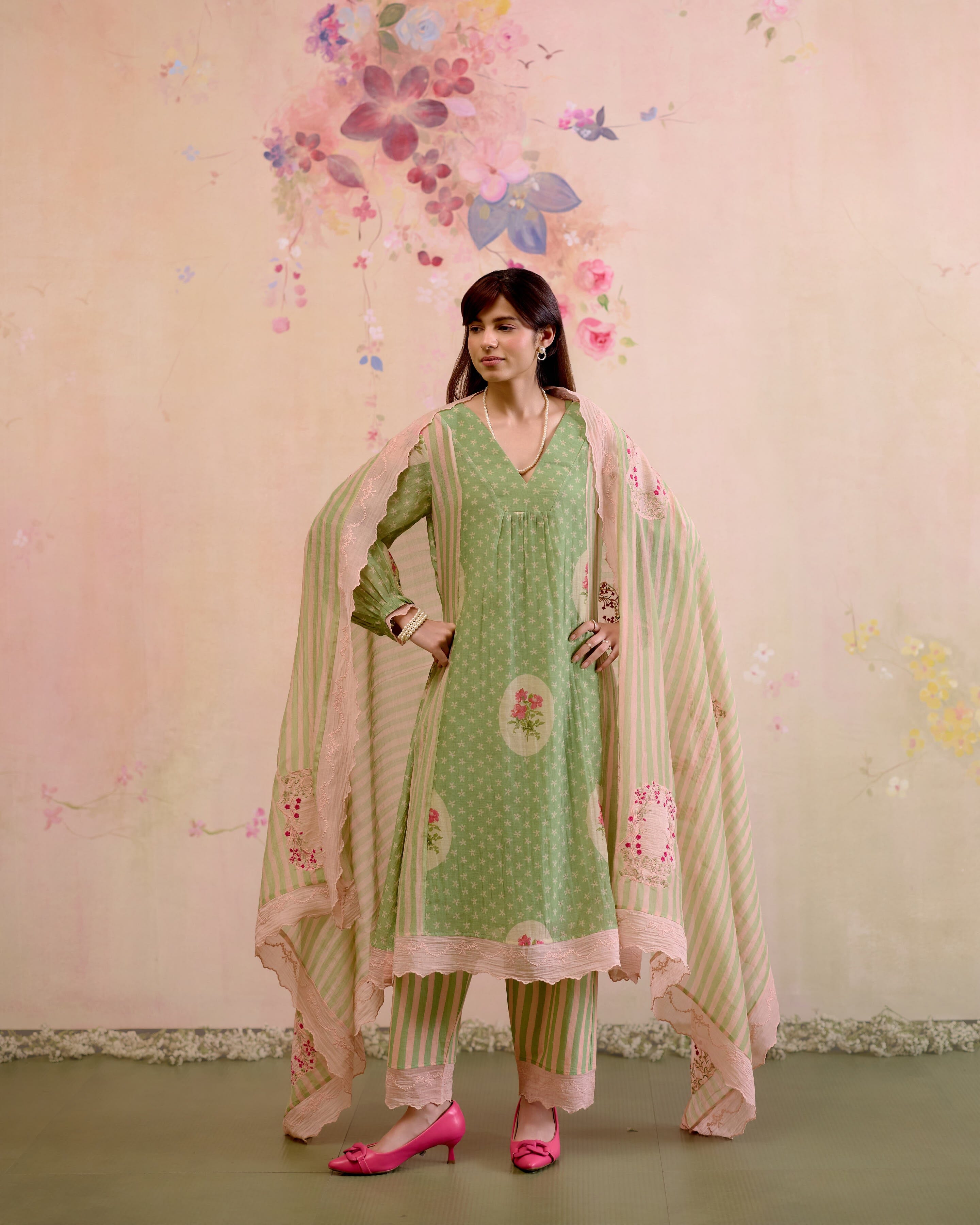 PRINTED SUMMER GREEN-SET OF 3( KURTA, PANT & DUPATTA) Naaz By Noor 
