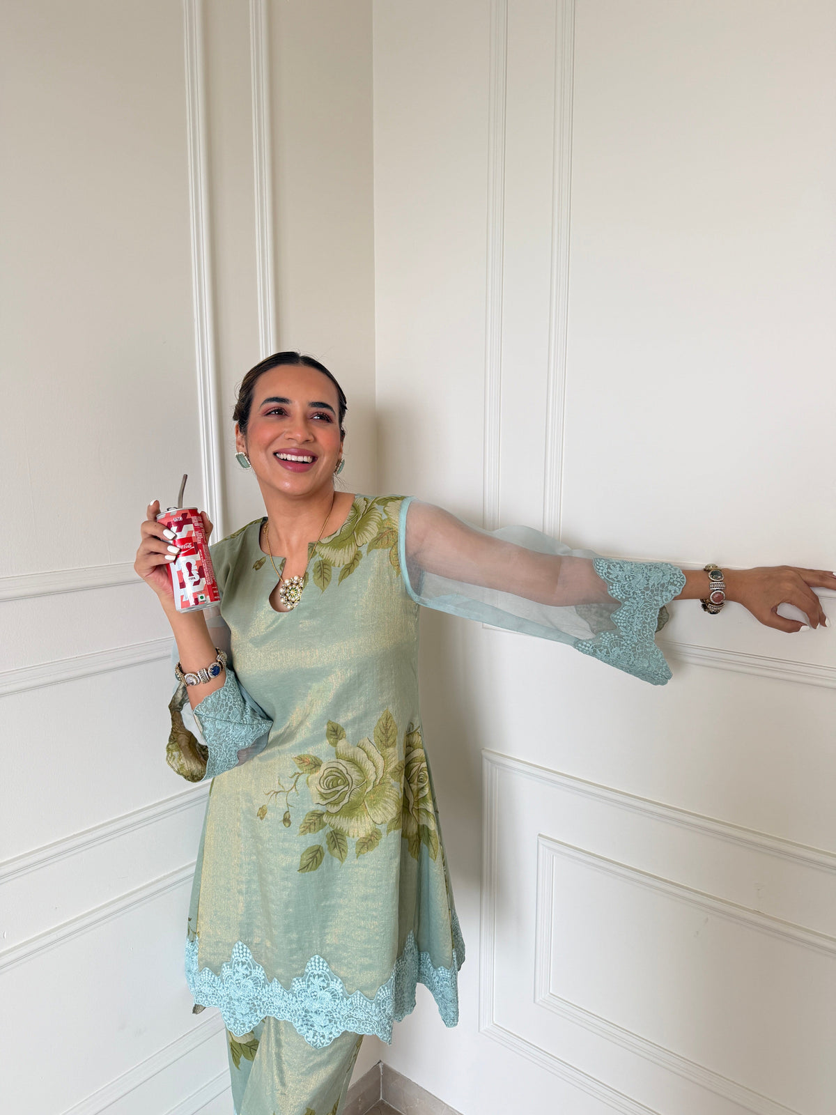 PRINTED TISSUE BLUE CORD-SET- SET OF 2( KURTA & PANT) Naaz By Noor 