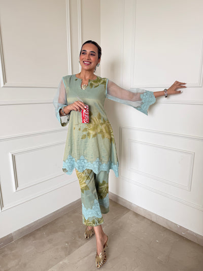 PRINTED TISSUE BLUE CORD-SET- SET OF 2( KURTA & PANT) Naaz By Noor 