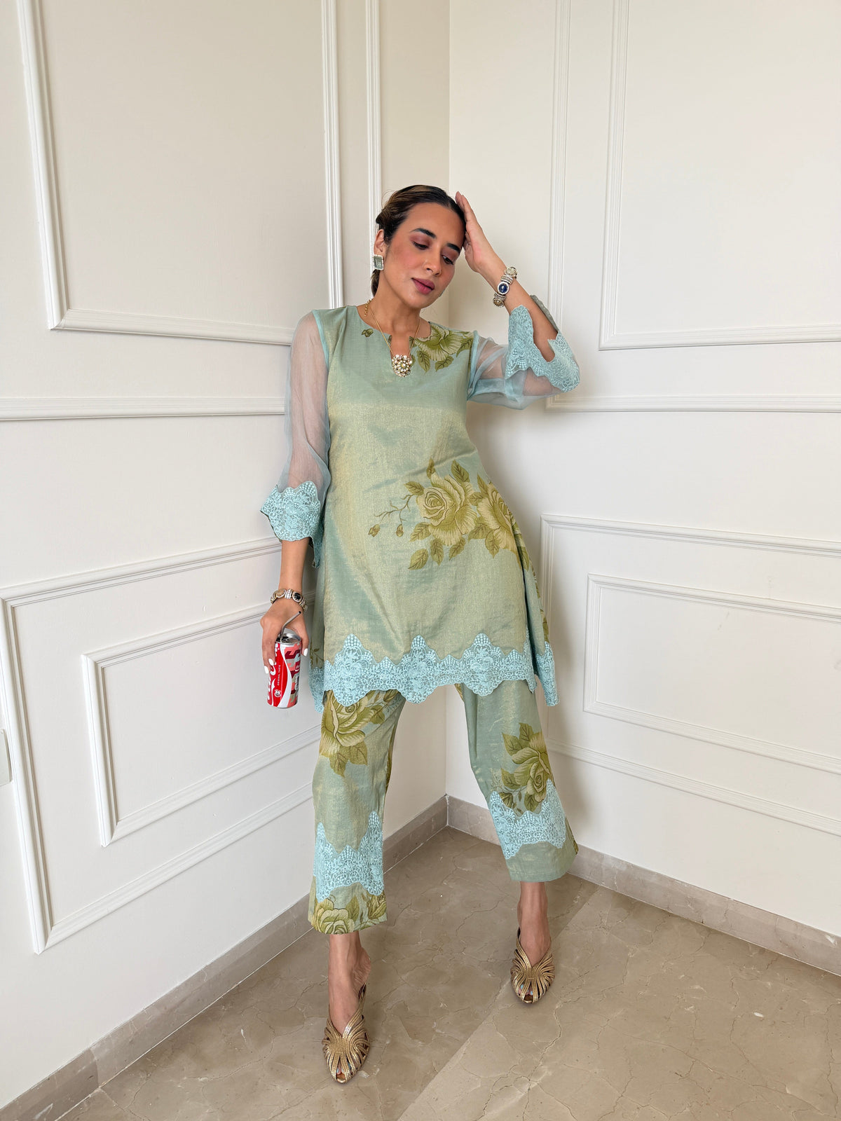PRINTED TISSUE BLUE CORD-SET- SET OF 2( KURTA & PANT) Naaz By Noor 